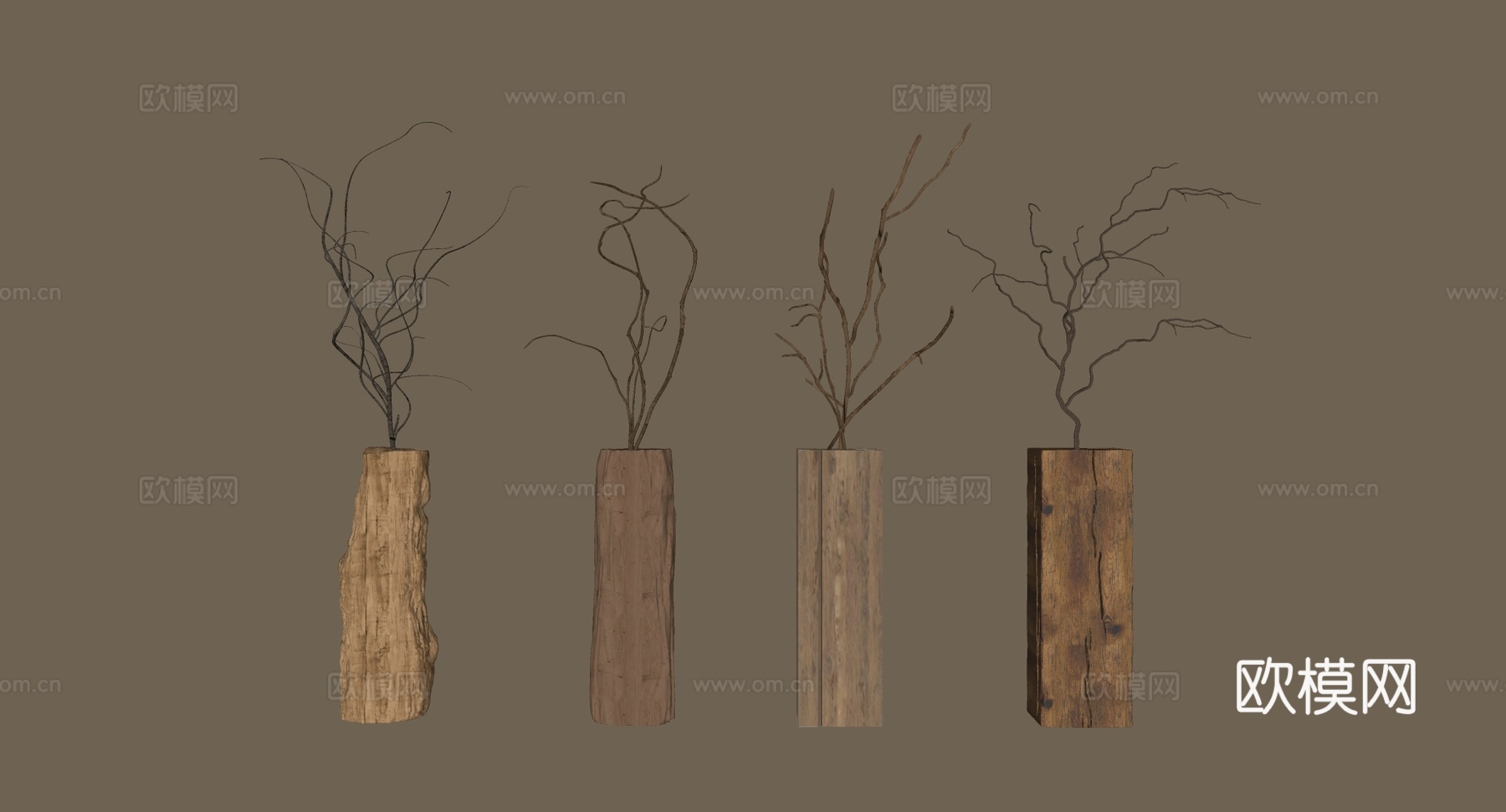侘寂风原木花瓶枯枝 禅意茶室民宿静物造景 自然风装饰 孔洞裂su模型