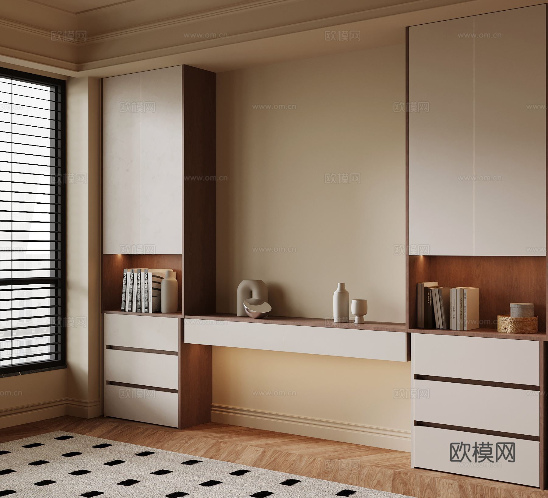 现代中古风飘窗柜su模型