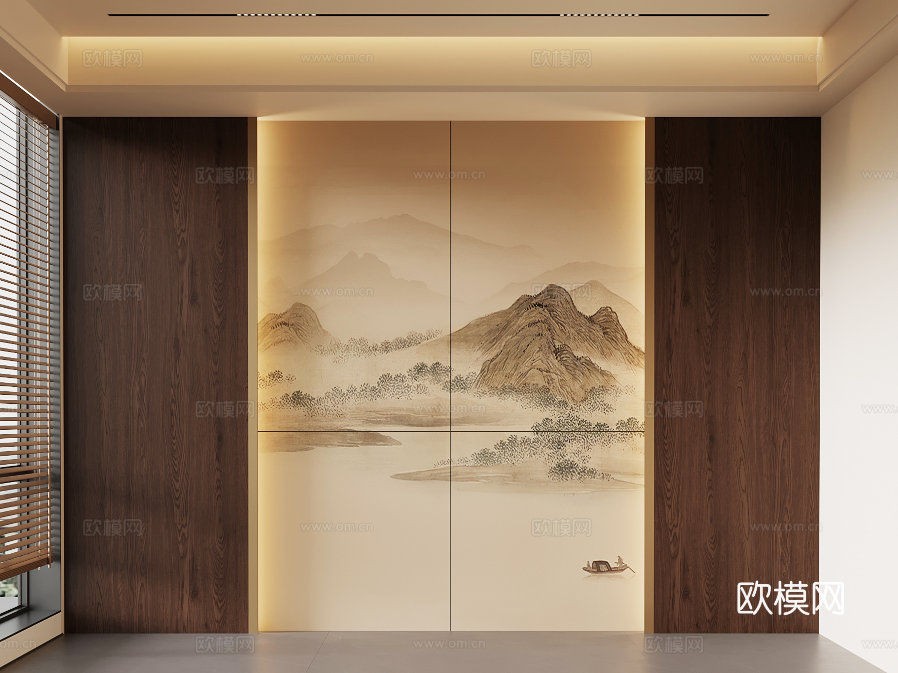 新中式背景墙 卧室背景墙su模型