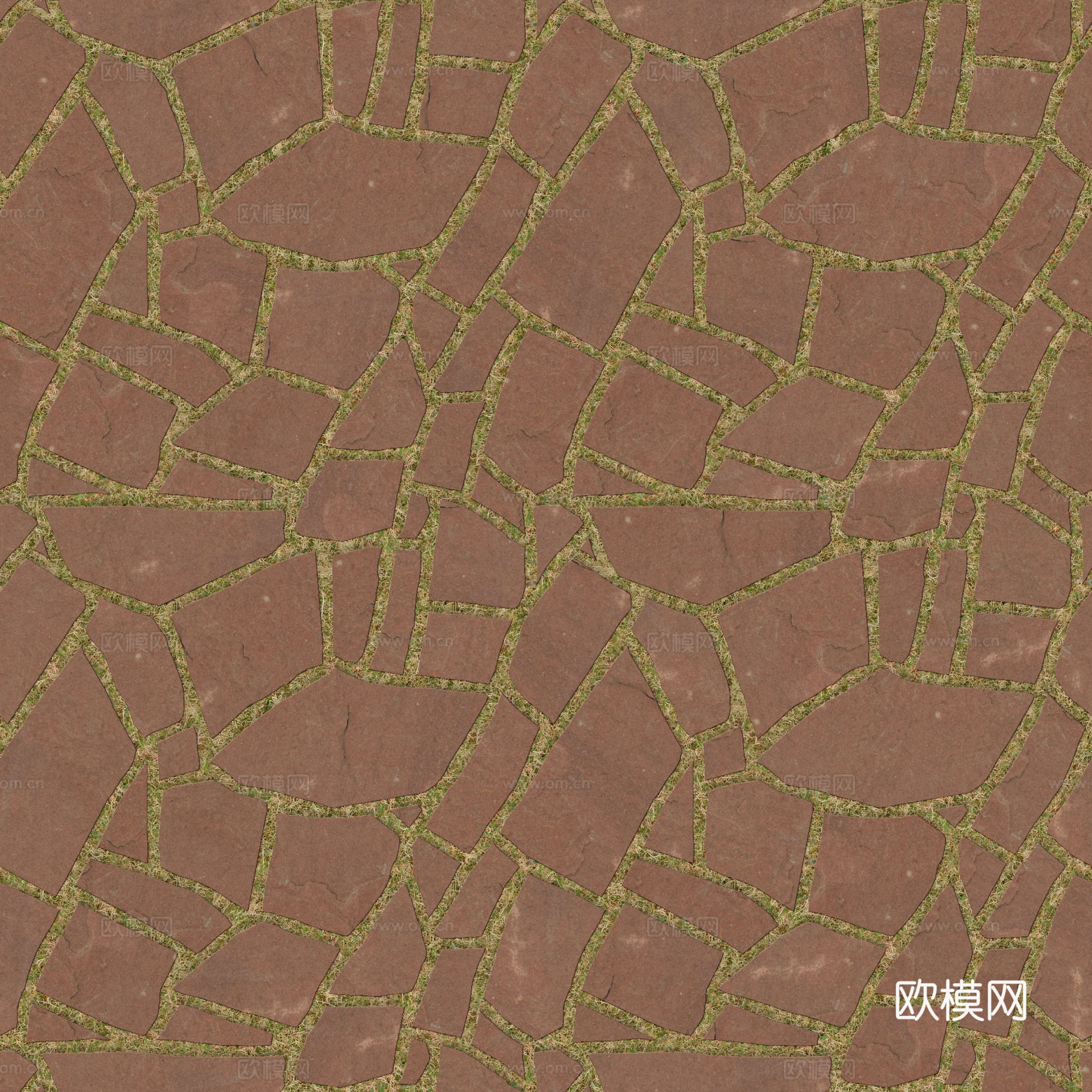 红色砂岩多边形石材嵌草铺地009