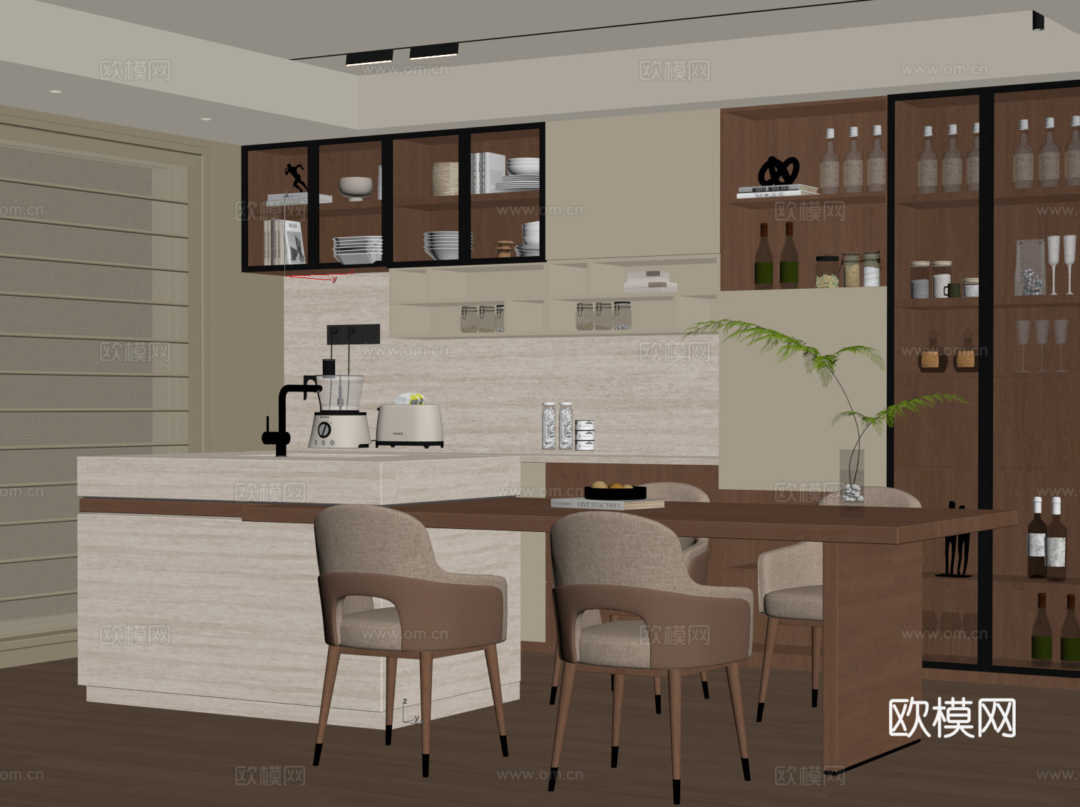 中古餐厅 岛台 酒柜 餐边柜su模型