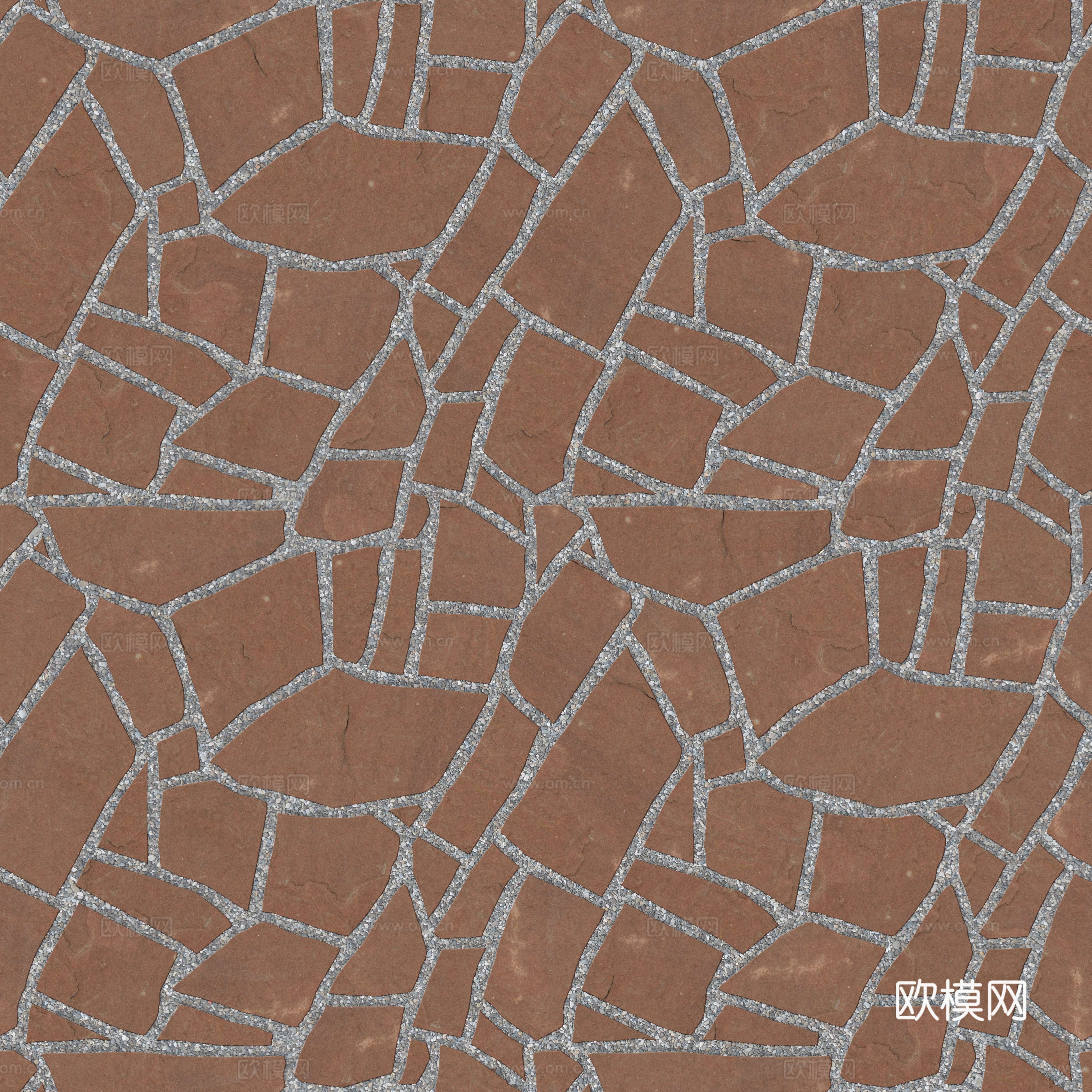 红色砂岩石材铺地-多边形石材铺地-石材嵌鹅卵石铺地4