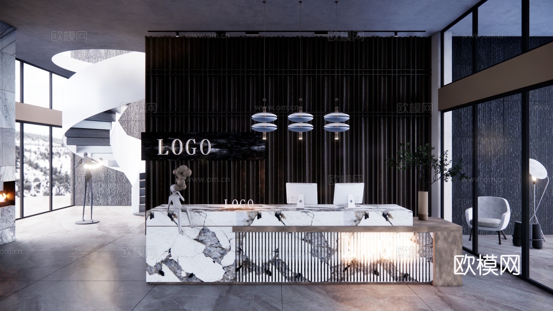 工装 展厅 办公 办公空间 酒店前台 前台 前台接待su模型