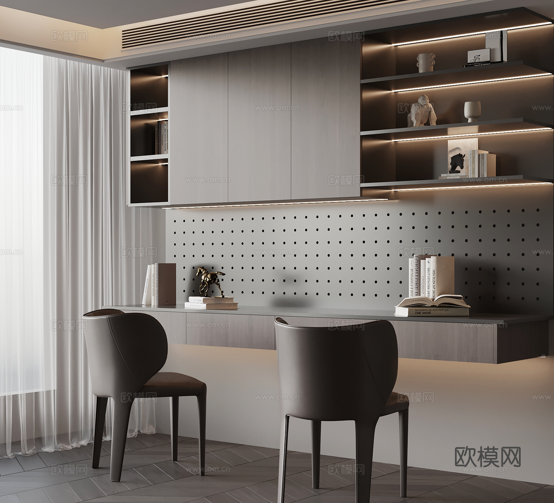 现代意式书桌椅 壁挂式书柜su模型
