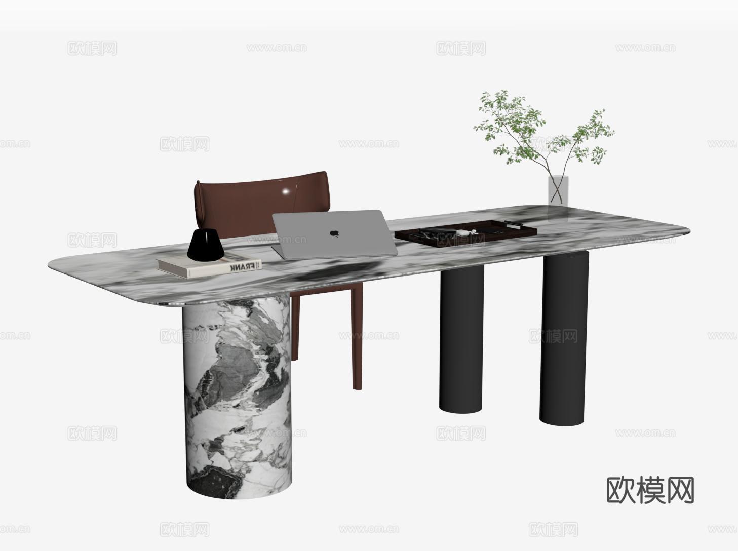 意式现代书桌椅 大理石书桌su模型