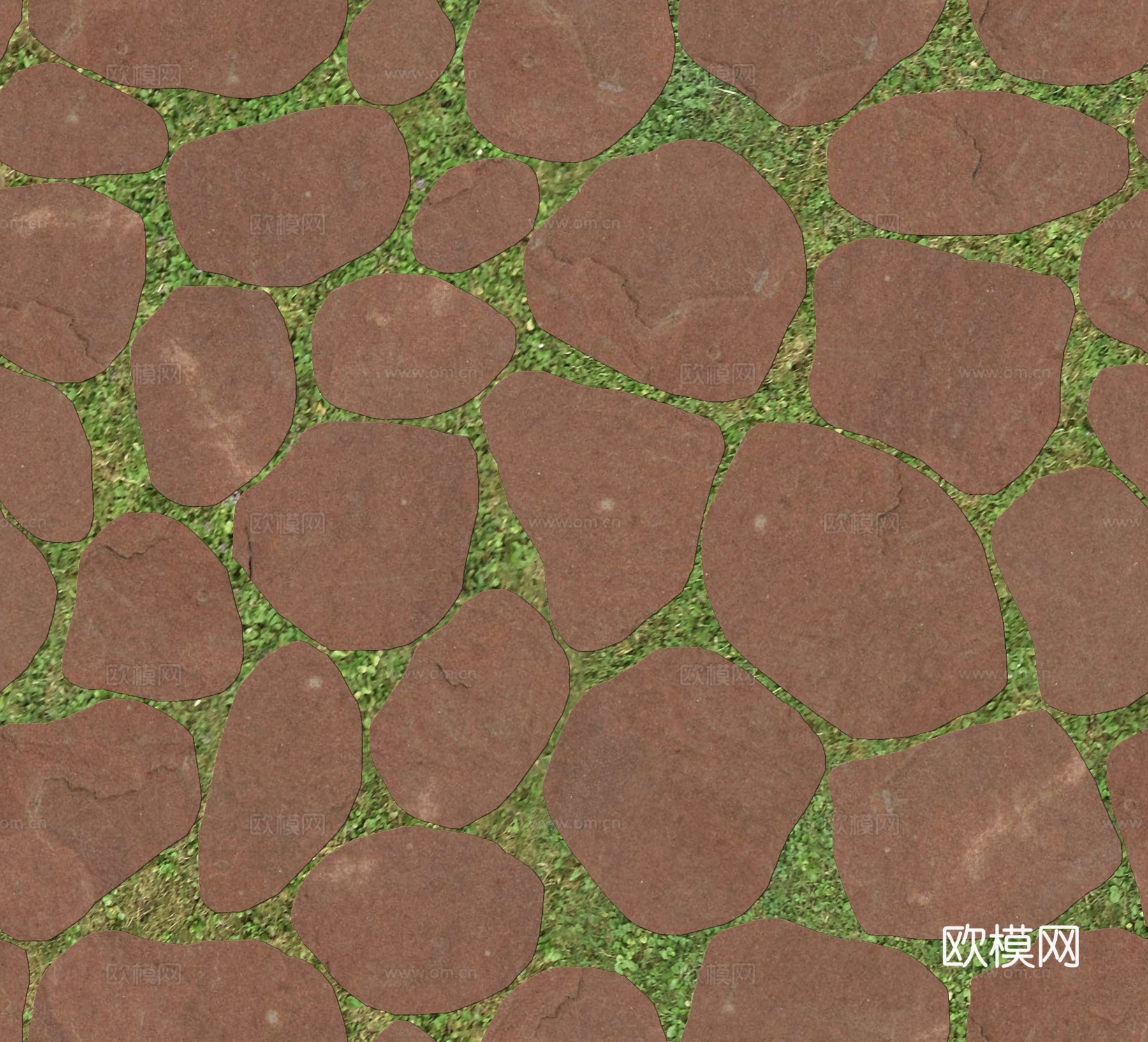 红色砂岩卵形石材嵌草铺地012