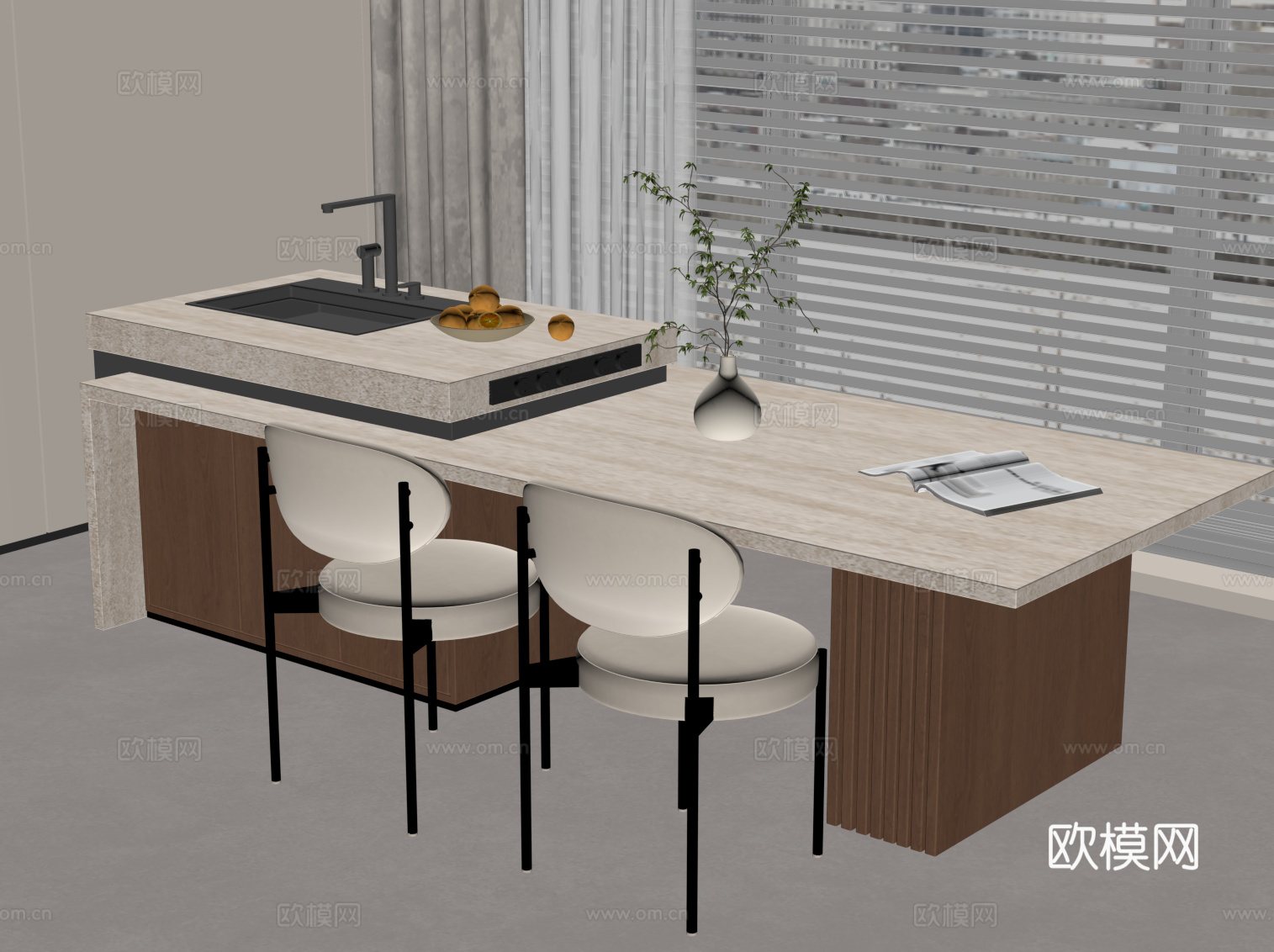 侘寂中古风餐桌椅 岛台餐桌椅su模型