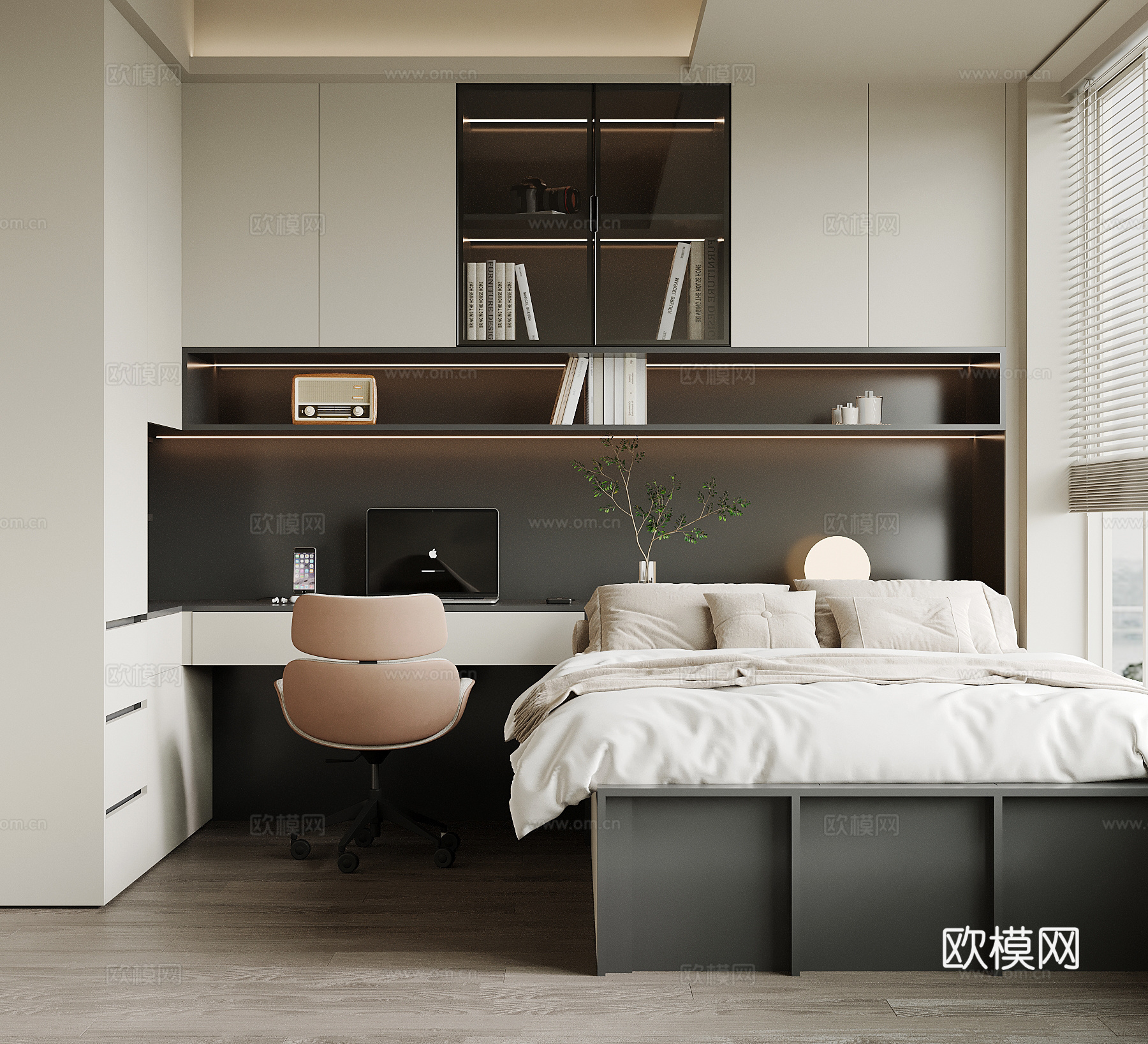 现代榻榻米 卧室 双人床 衣柜 书桌椅su模型