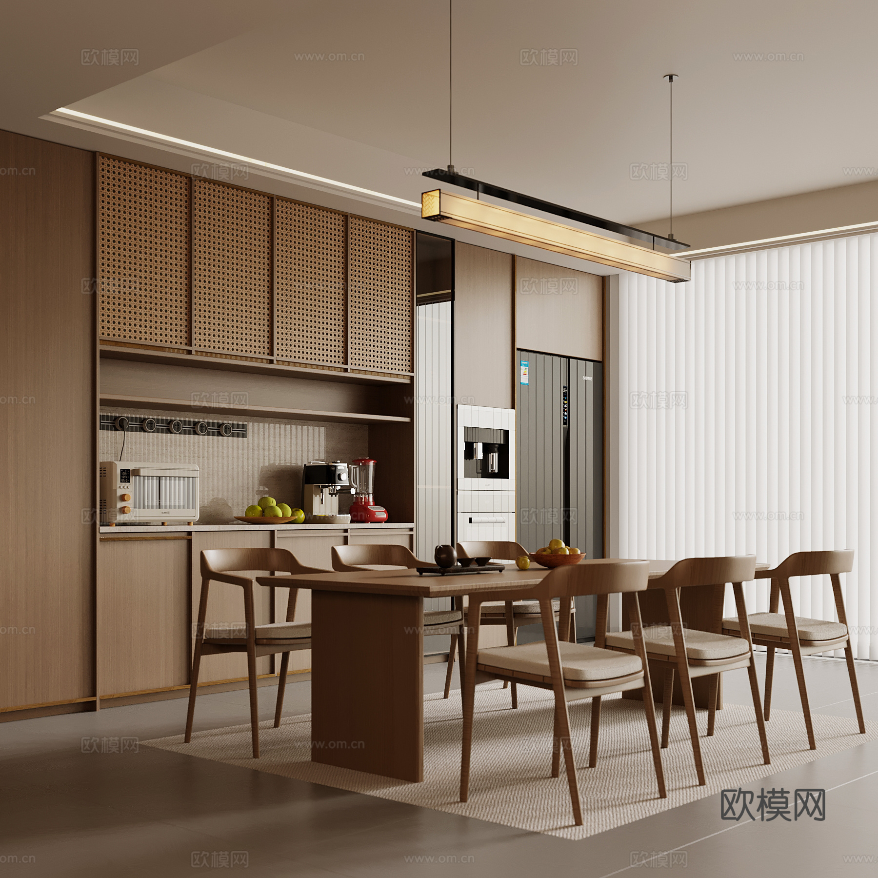 新中式餐厅 餐桌椅 酒柜su模型