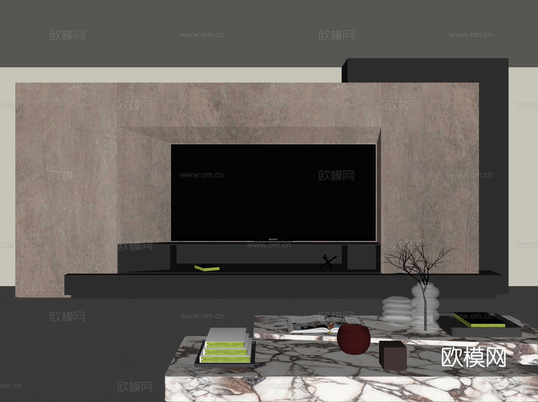 现代客厅电视背景墙 金属 电视 茶几 饰品摆件su模型下载（渲染图2）