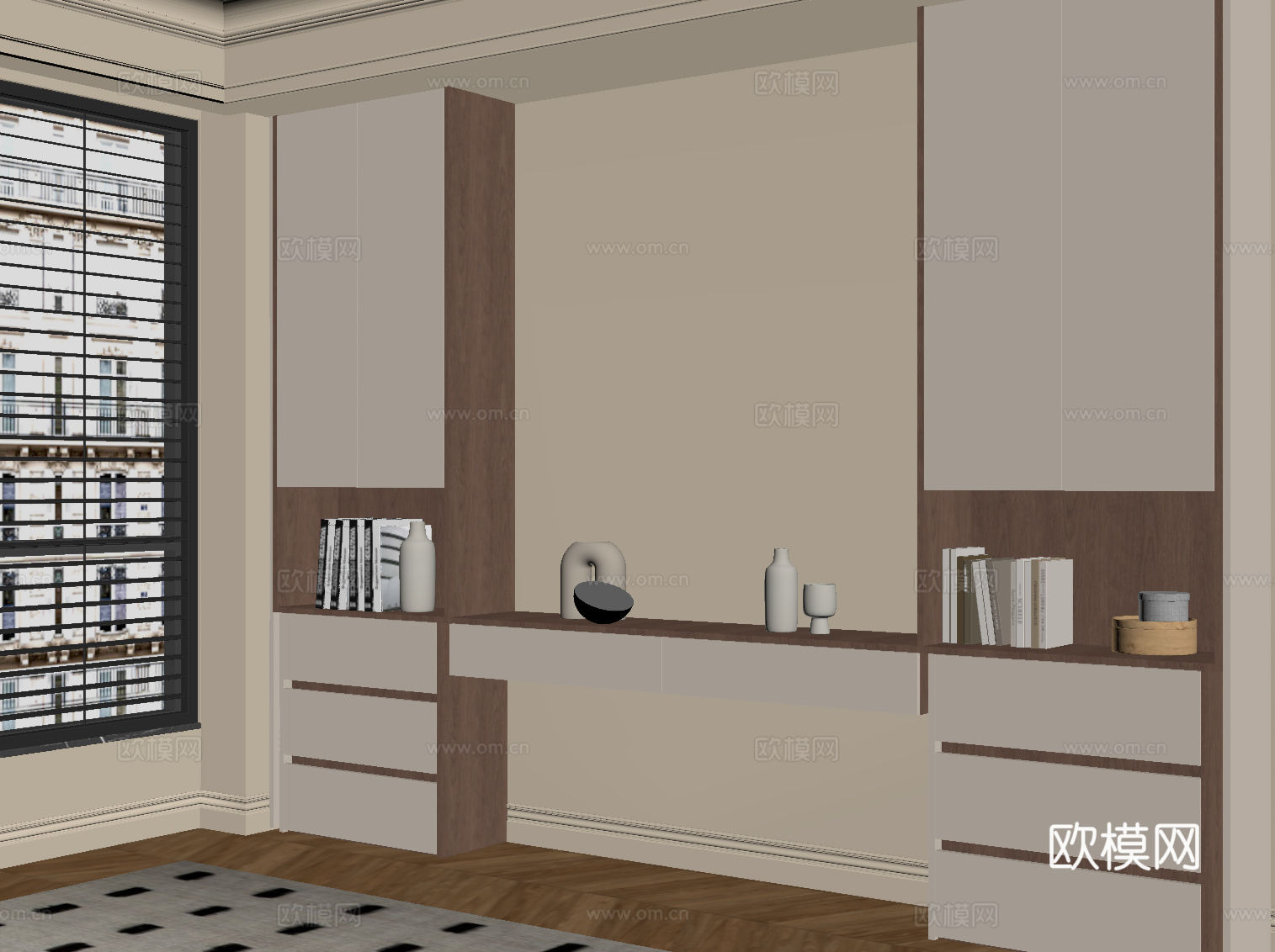 现代中古风飘窗柜su模型