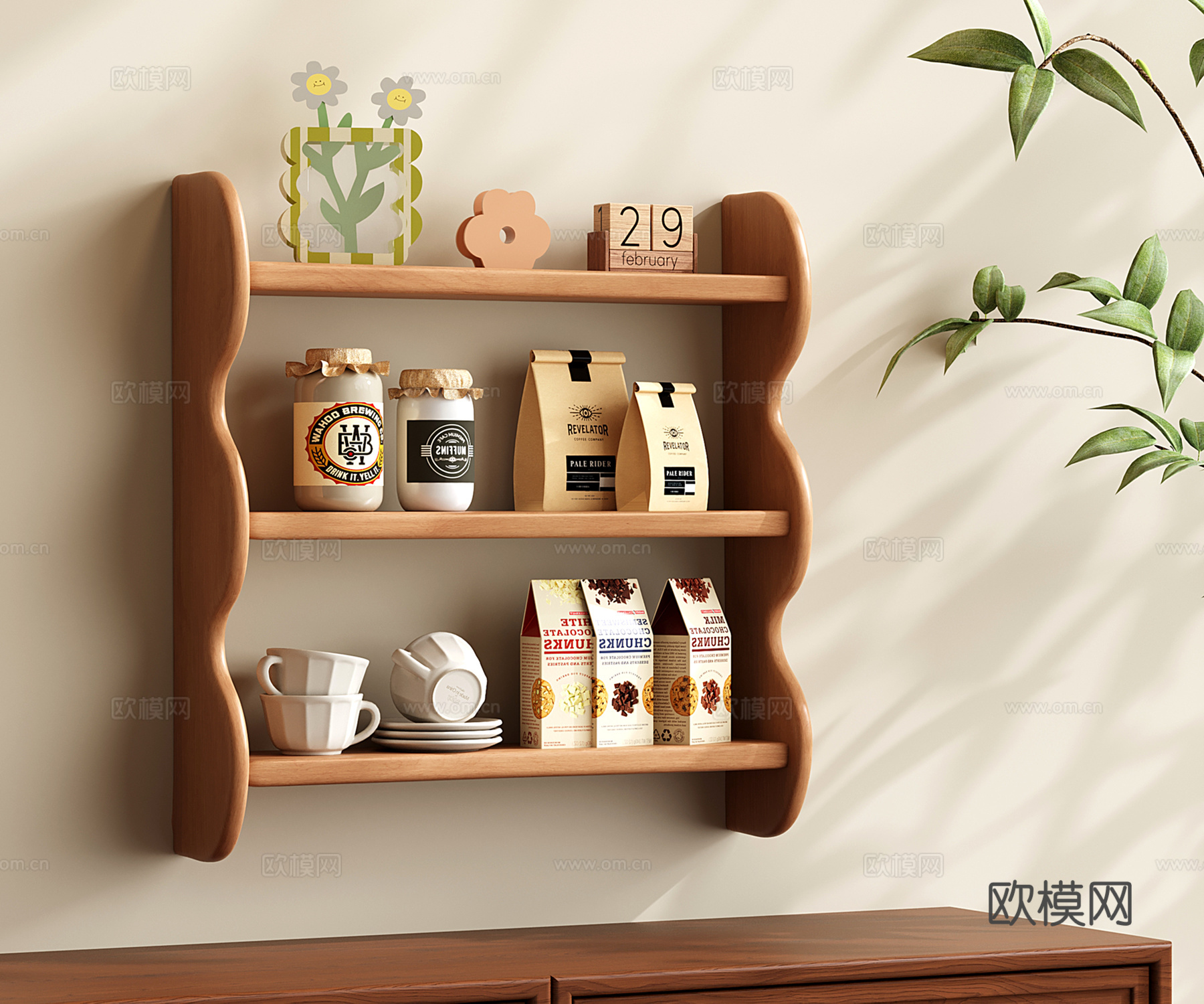 复古壁挂置物架 中古收纳架 餐厅装饰架 书架 杯架3d模型下载