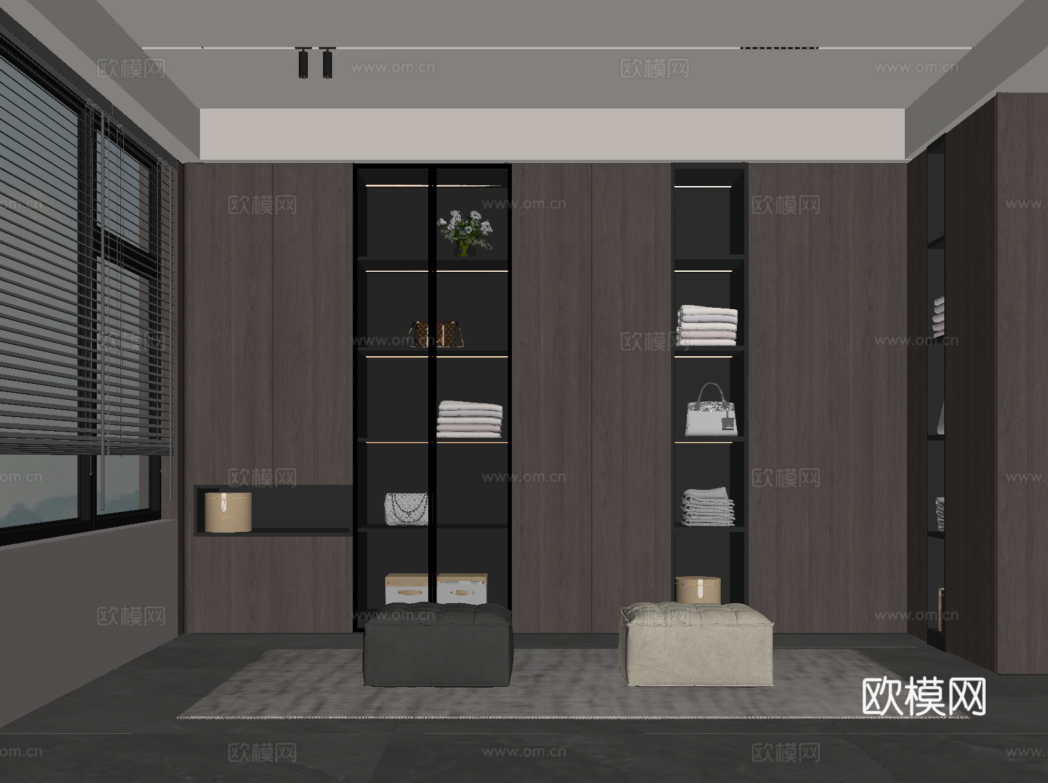 现代意式衣帽间 L型衣柜 换鞋凳su模型下载（渲染图2）