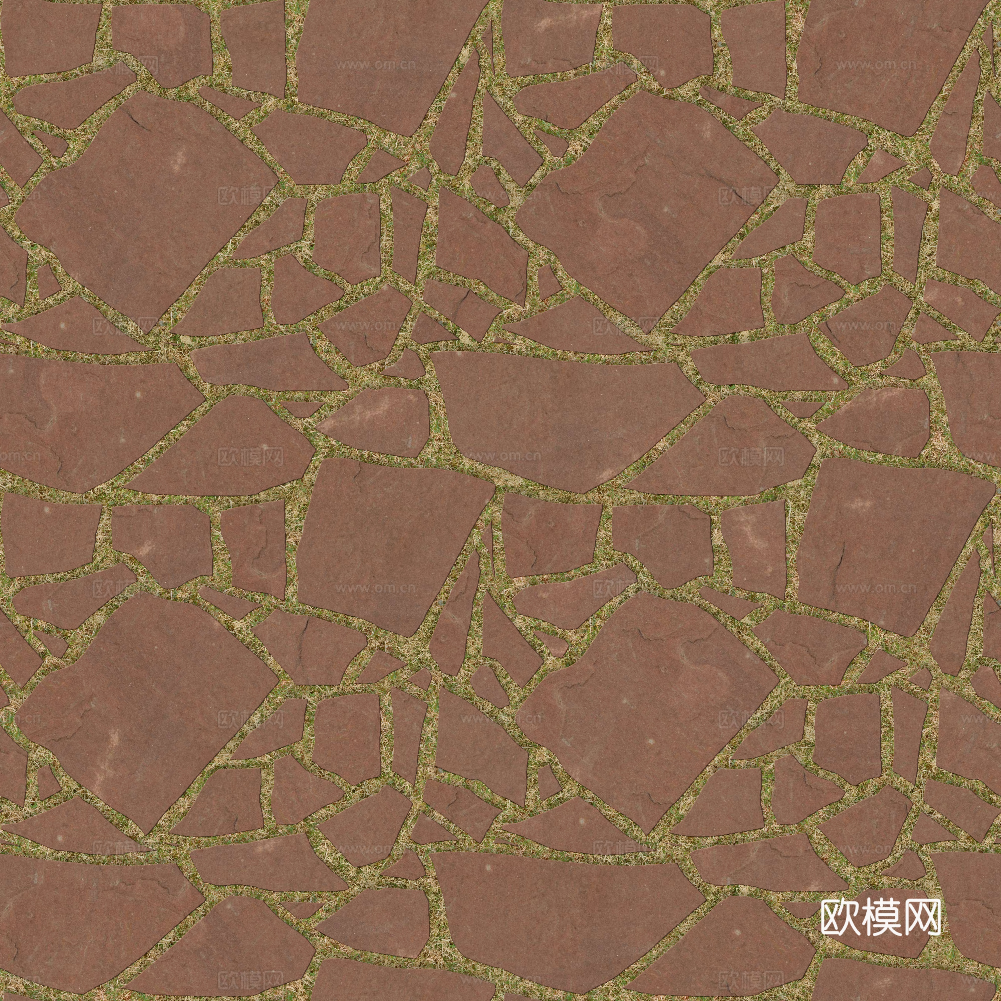 红色砂岩多边形石材嵌草铺地003