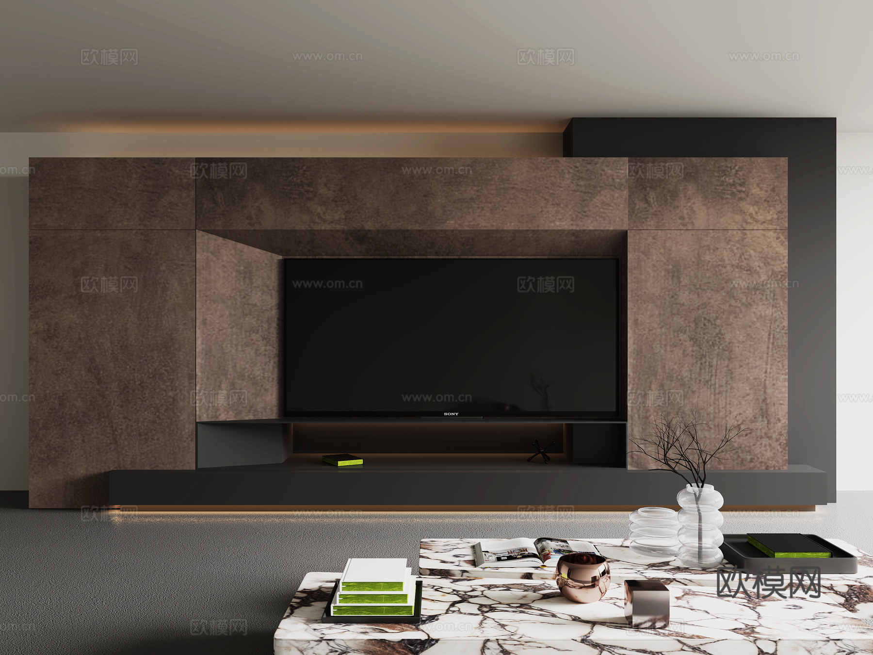 现代客厅电视背景墙 金属 电视 茶几 饰品摆件su模型下载（渲染图1）