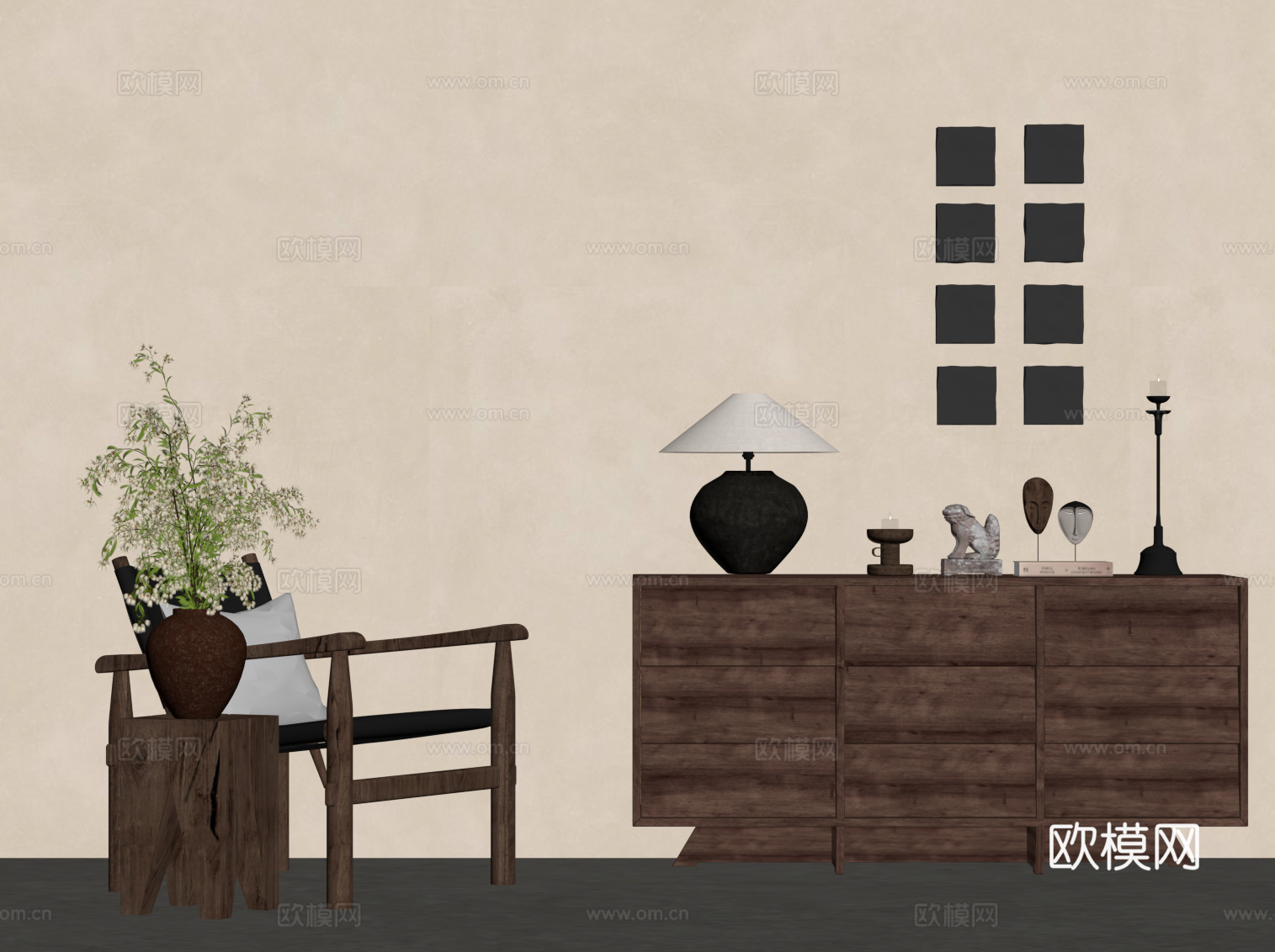 中古风边柜 单人沙发 休闲椅su模型