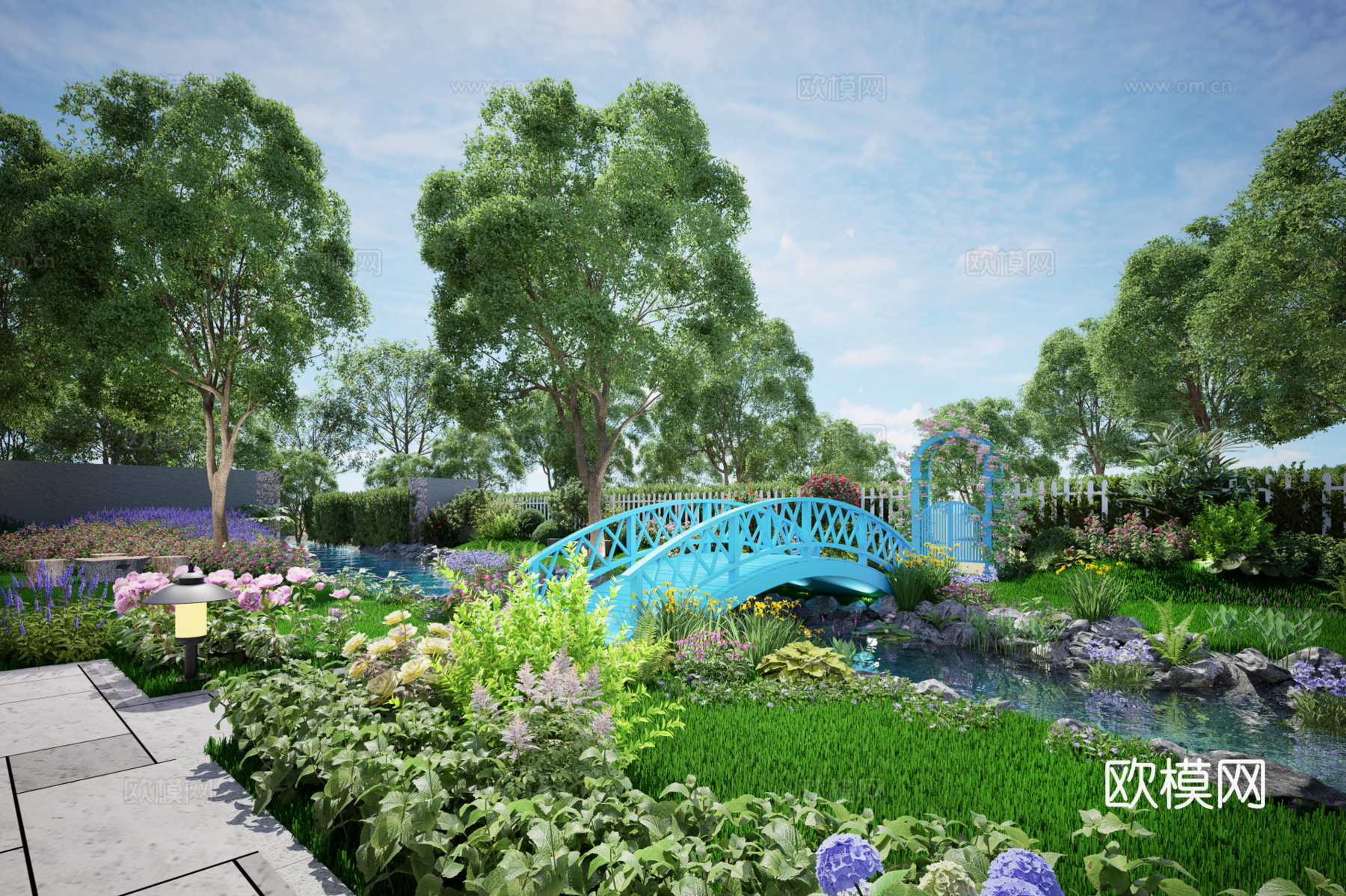 法式庭院（小桥、景墙、座椅，阳光房）su模型下载（渲染图2）