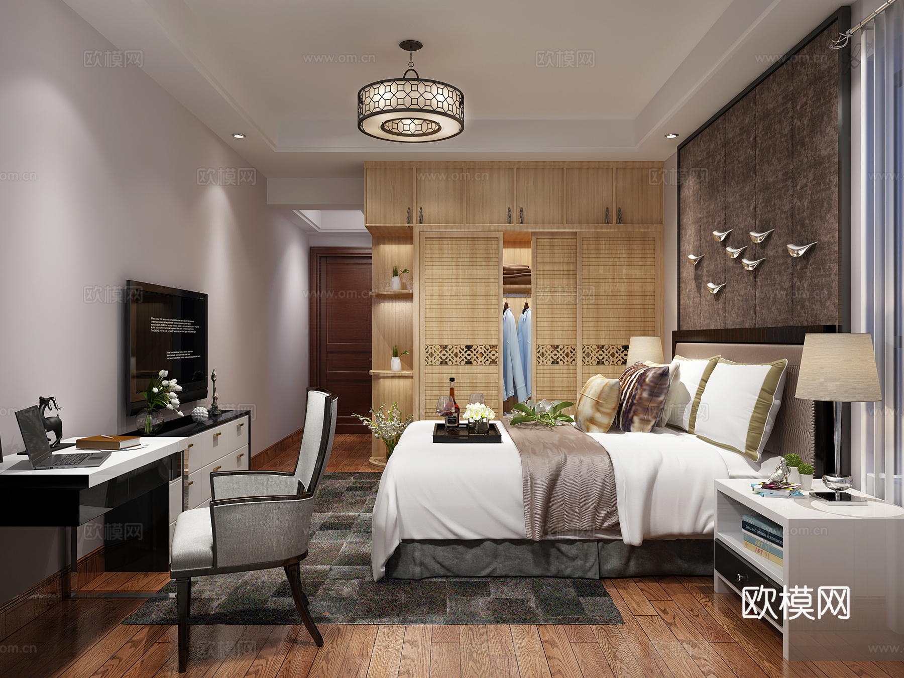 现代风格主卧室 双人床 书桌椅 吊灯 床头柜 台灯 装饰3d模型下载（渲染图2）