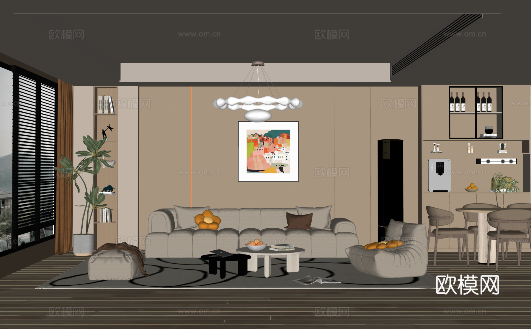 奶油风现代客餐厅 沙发背景墙 沙发茶几组合 餐边柜 餐桌椅su模型