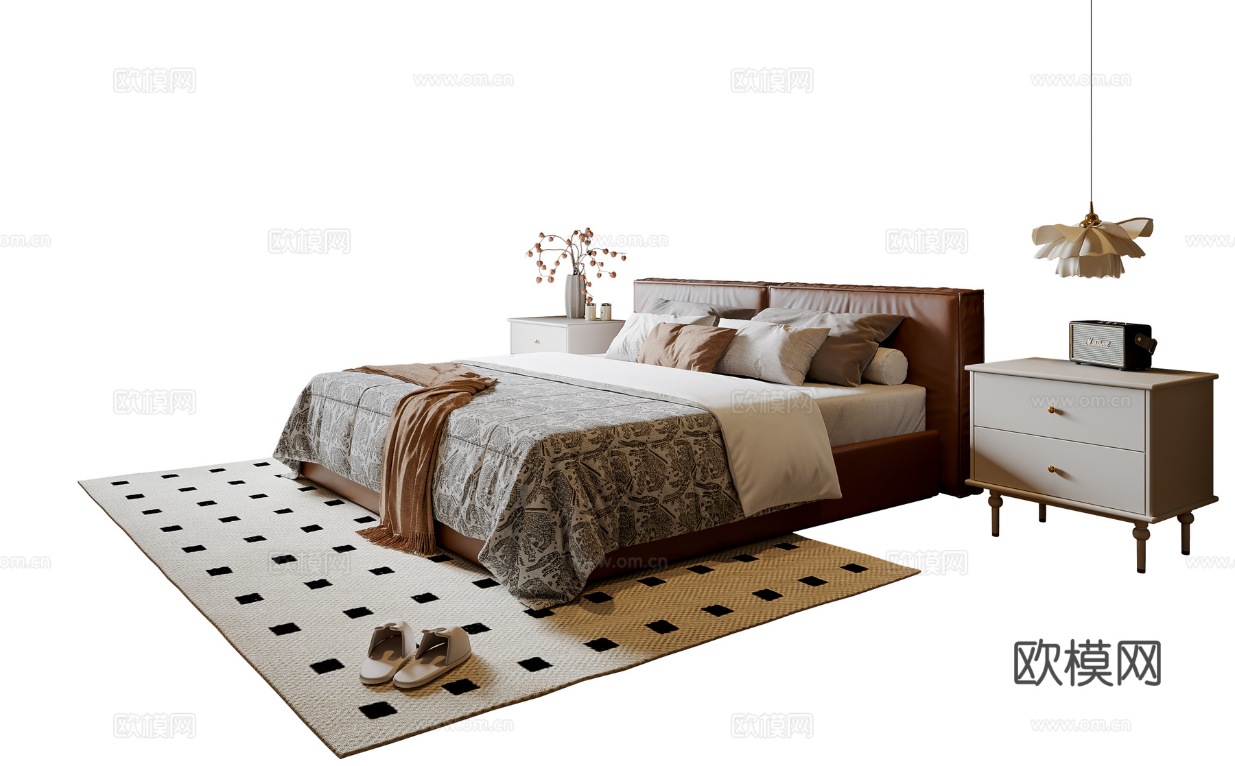 法式双人床 皮质双人床 床头柜 吊灯 地毯su模型
