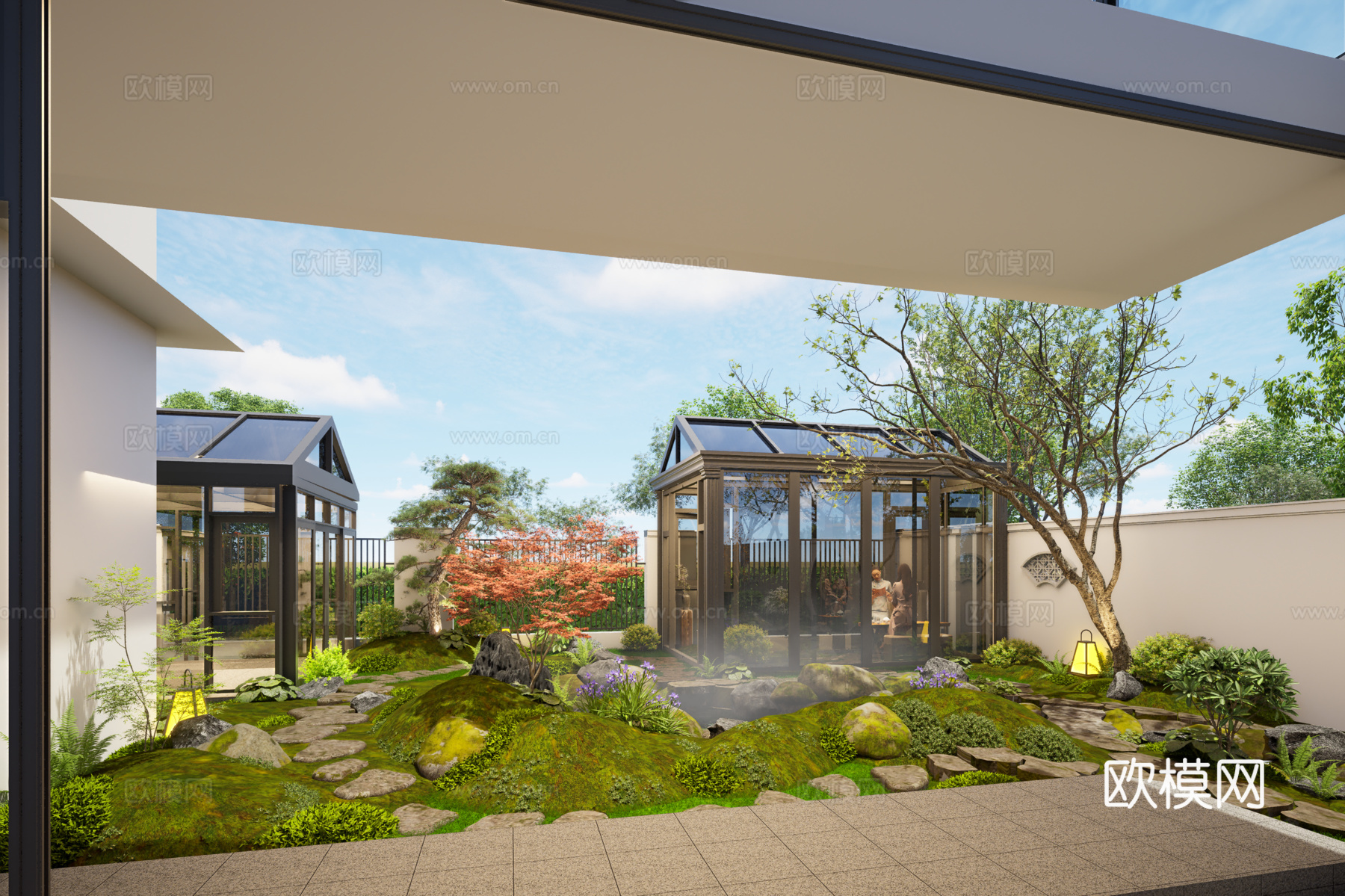 中式庭院，自然小溪，石板桥su模型