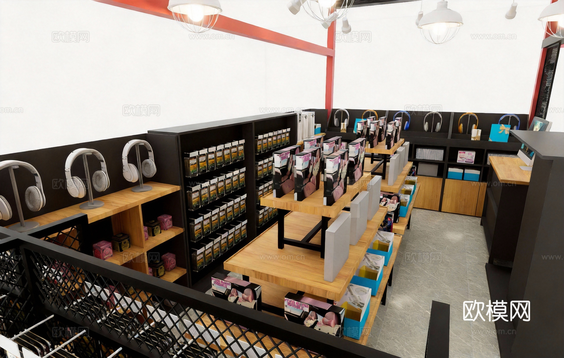 现代数码店 耳机音箱货架陈列 黑色网格架 木质中岛 潮品店设su模型