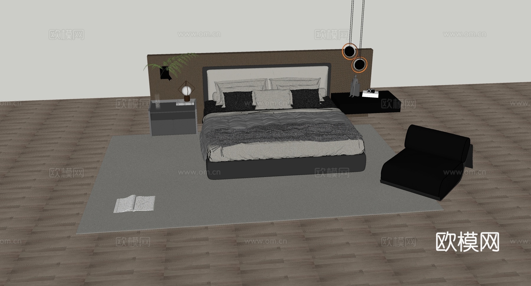 现代简约卧室 黑色长书桌 环形吊灯 皮质休闲椅su模型