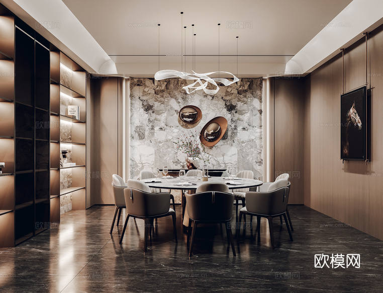 现代餐厅包厢 餐桌 酒柜 吊灯 墙饰3d模型下载_ID16292550_3dmax免费模型-欧模网