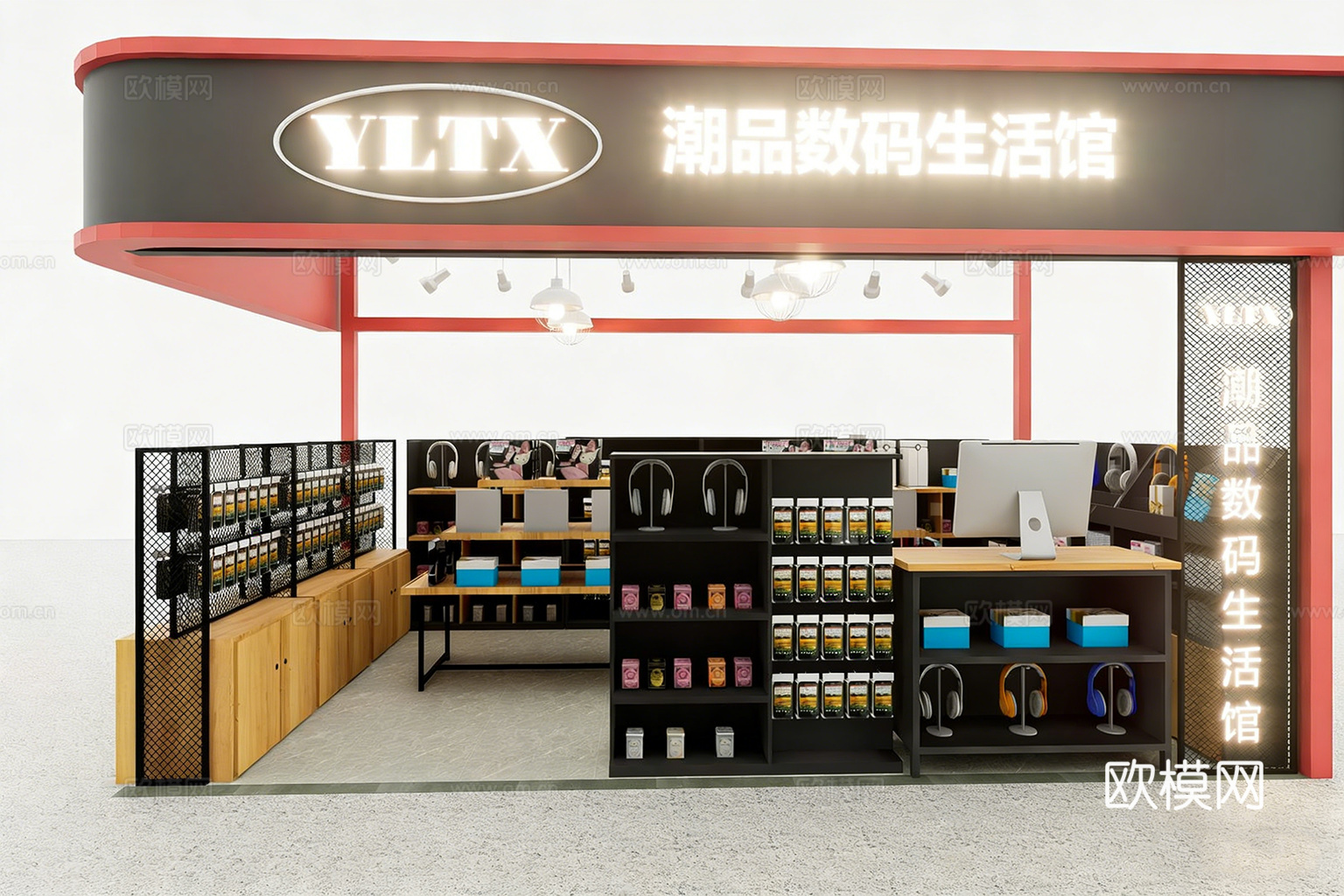 现代数码店 耳机音箱货架陈列 黑色网格架 木质中岛 潮品店设su模型