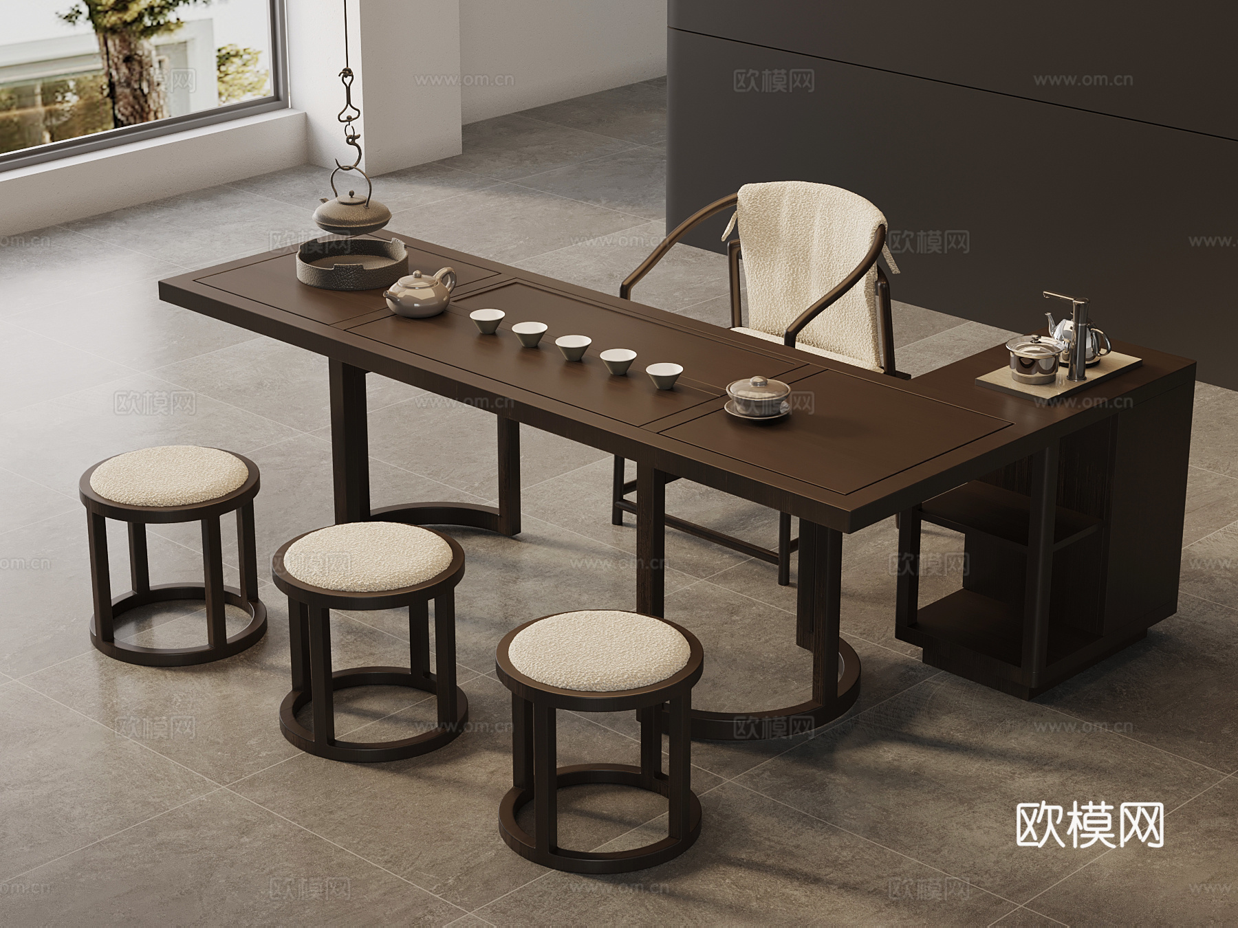 新中式茶桌椅 实木茶桌su模型