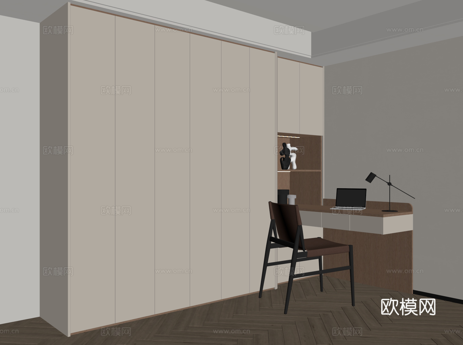 现代简约书柜 书桌一体柜su模型
