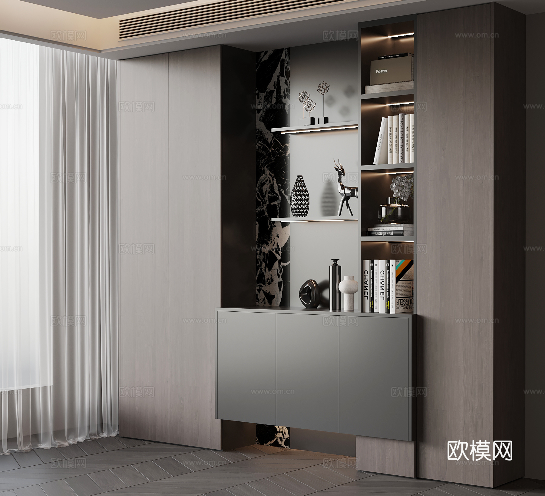 现代书柜su模型下载（渲染图1）
