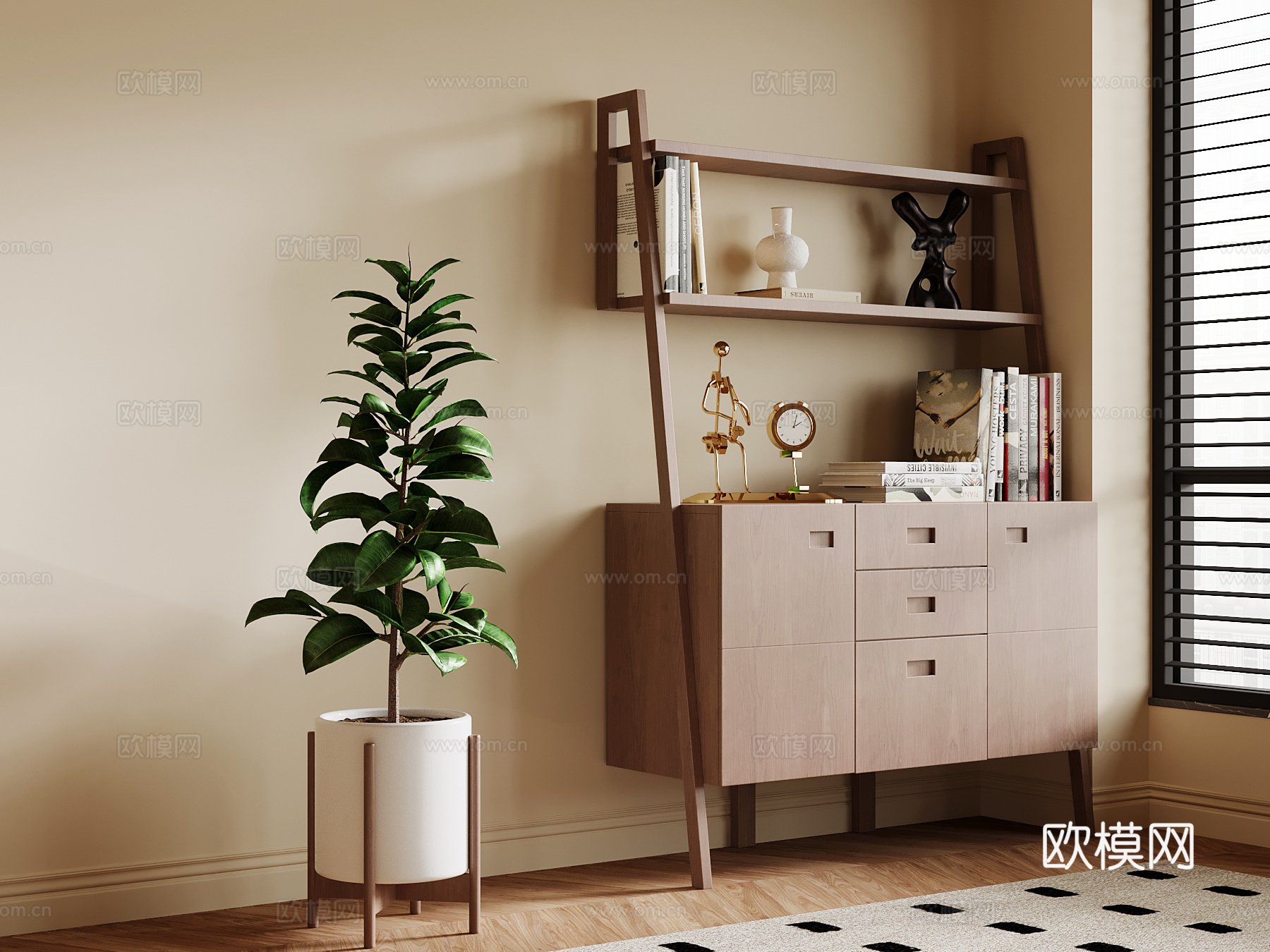 现代中古风置物架 书架su模型下载（渲染图1）