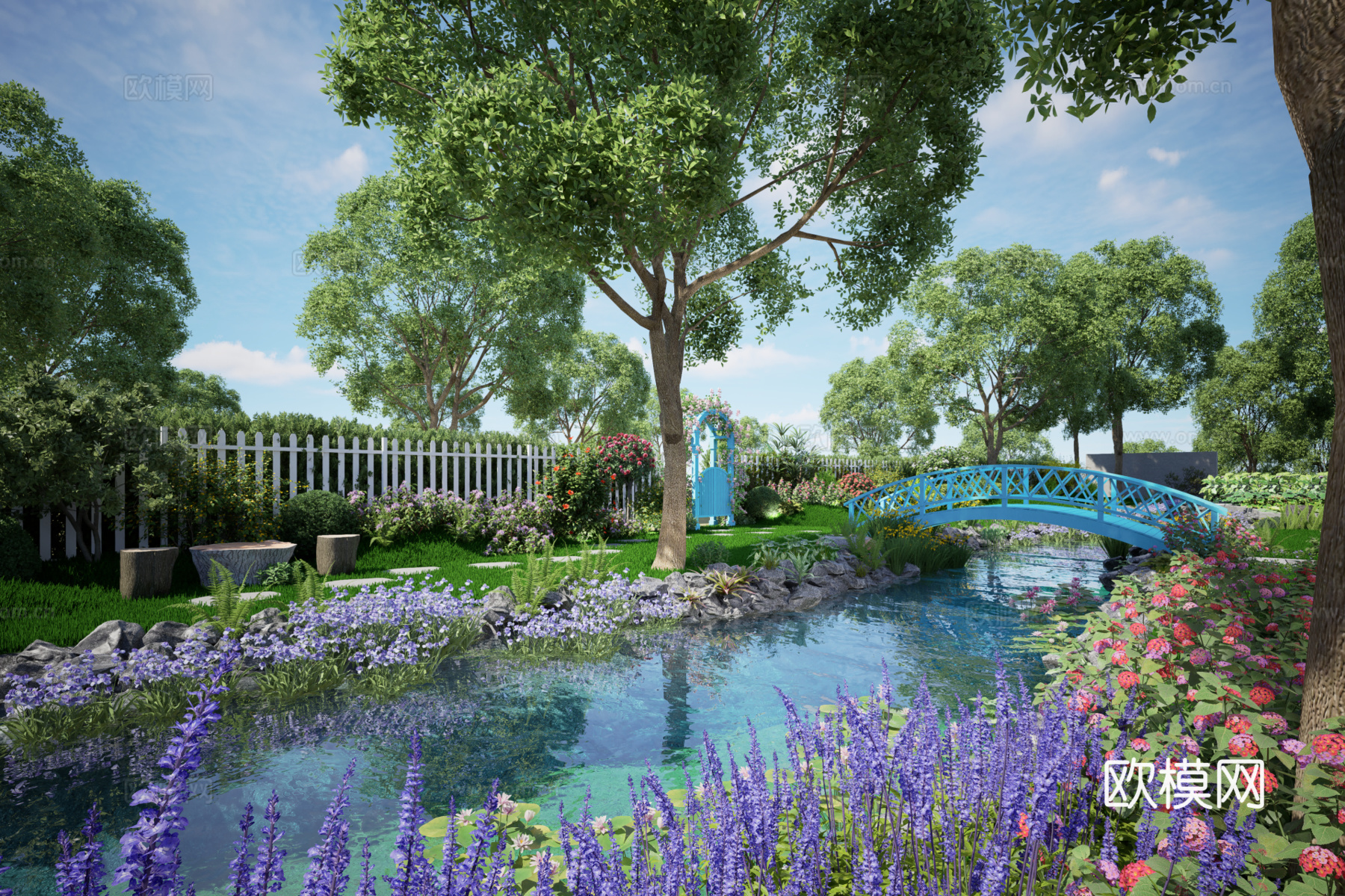 法式庭院（小桥、景墙、座椅，阳光房）su模型下载（渲染图1）