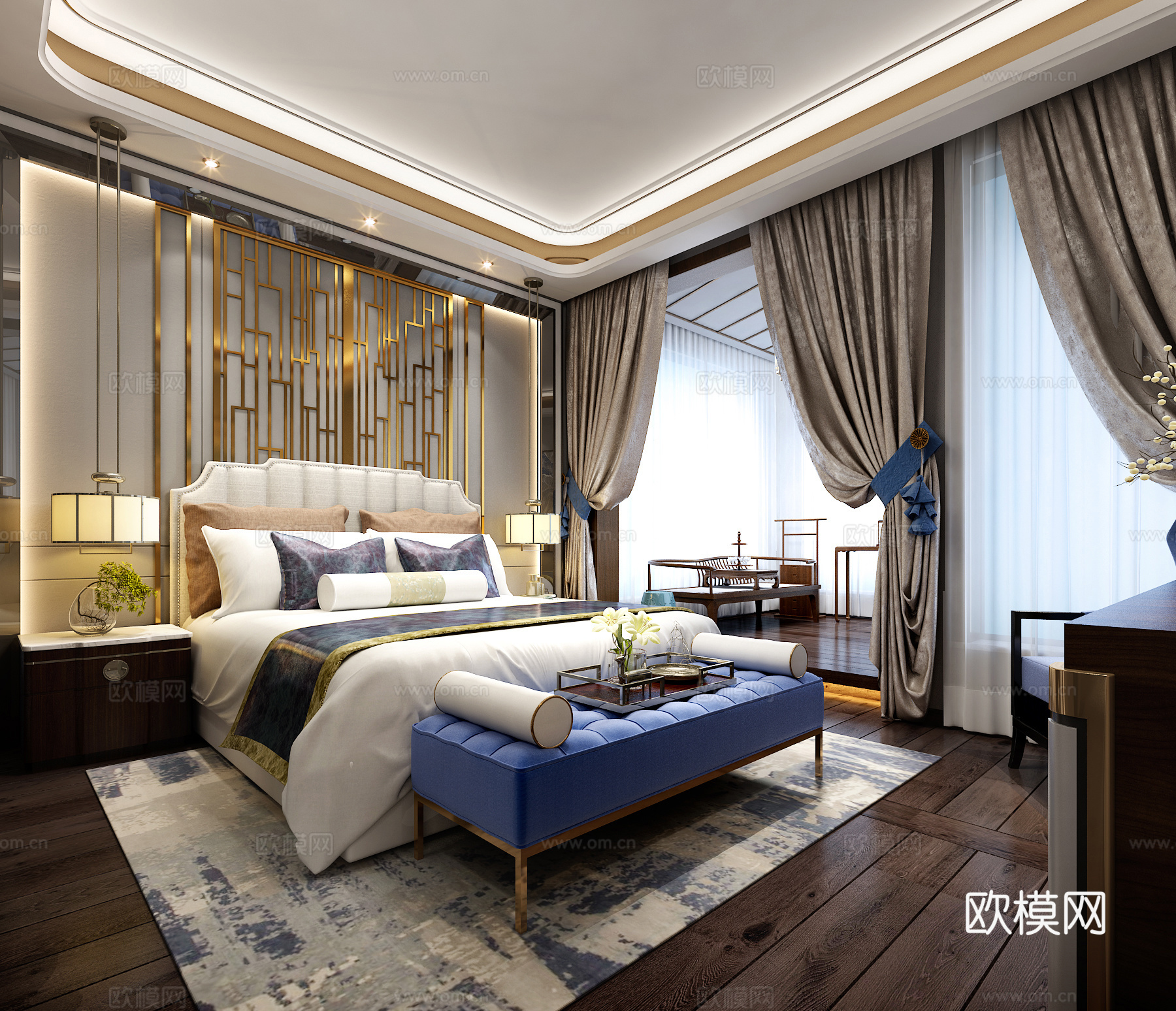 新中式卧室 吊灯 双人床 床尾凳 台灯 装饰柜3d模型下载（渲染图1）