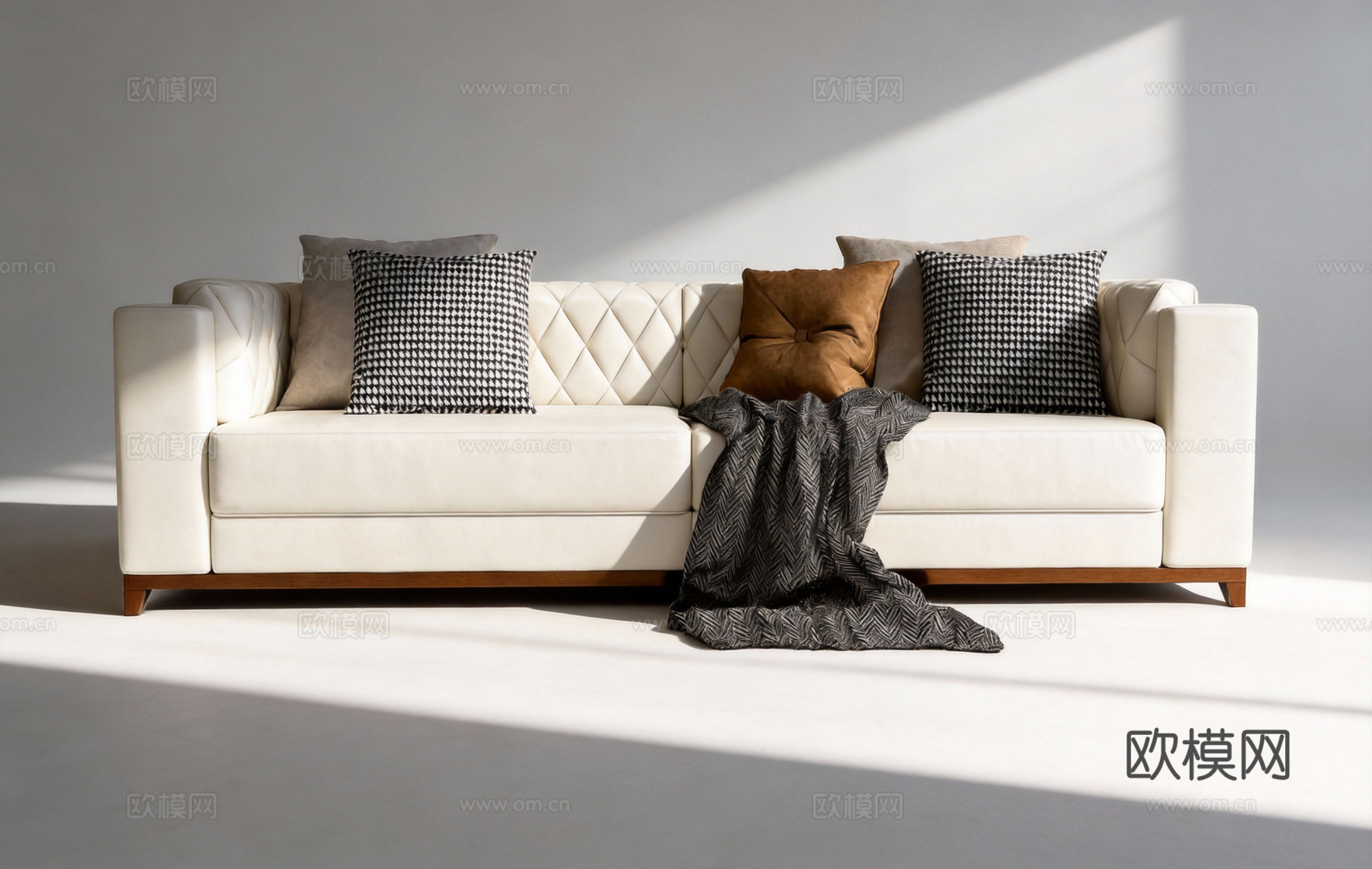 现代简约沙发 布艺菱形格纹 米白皮质 带抱枕毛毯su模型