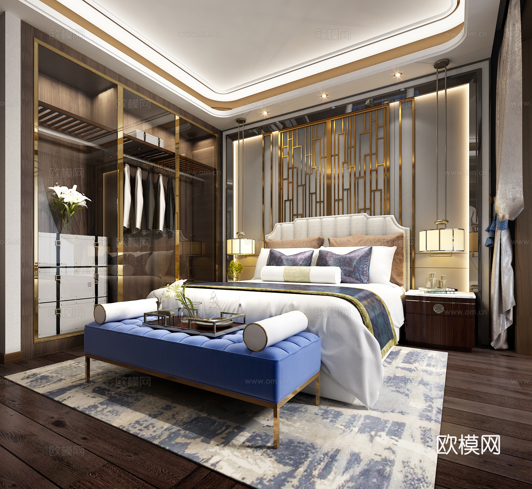 新中式卧室 吊灯 双人床 床尾凳 台灯 装饰柜3d模型下载（渲染图3）