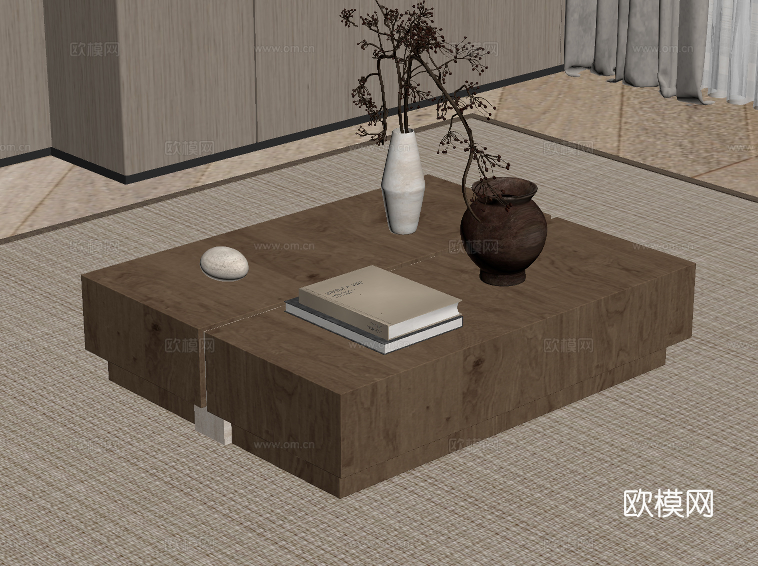 现代中古风茶几 方形实木茶几su模型