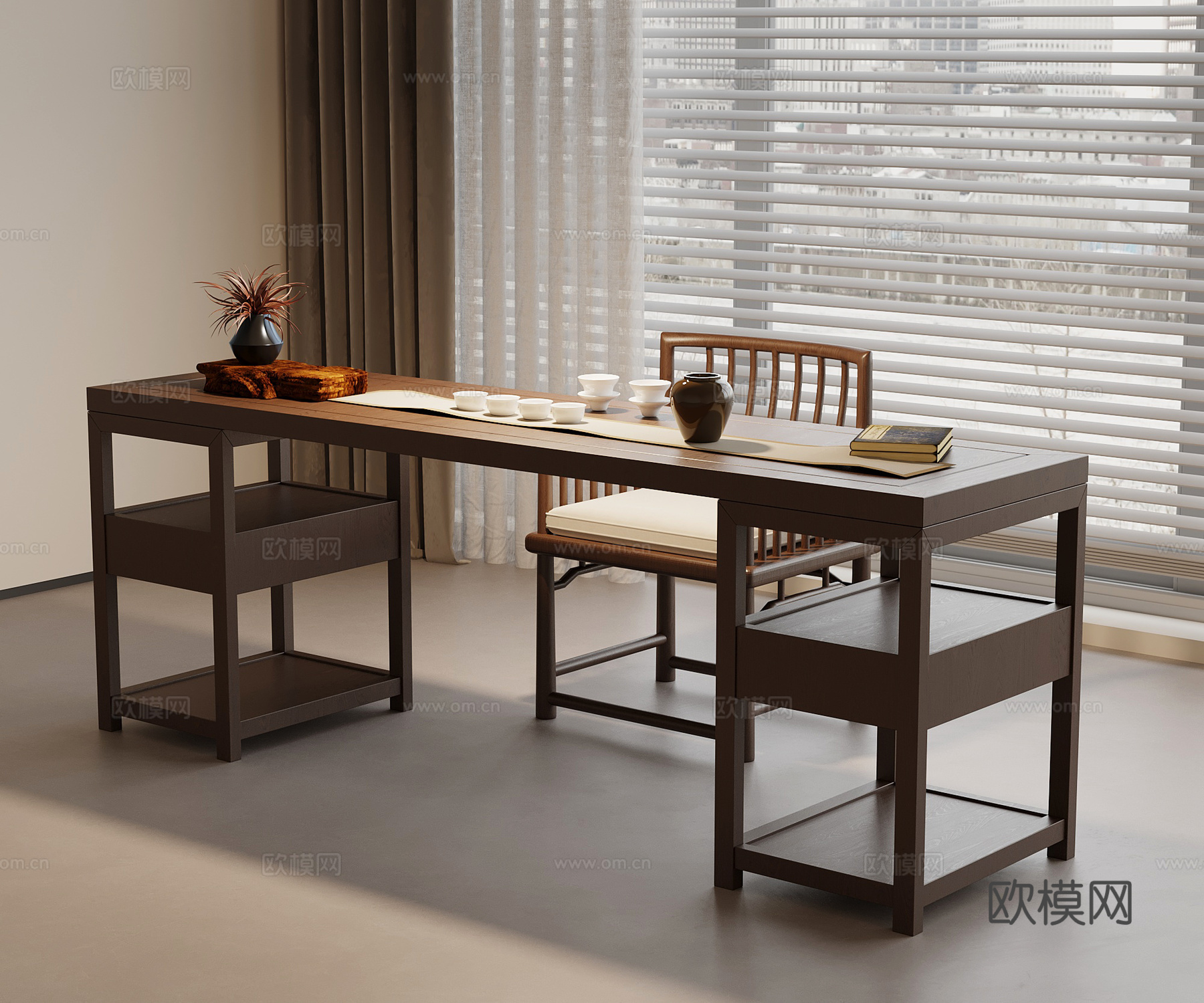 新中式茶桌椅su模型