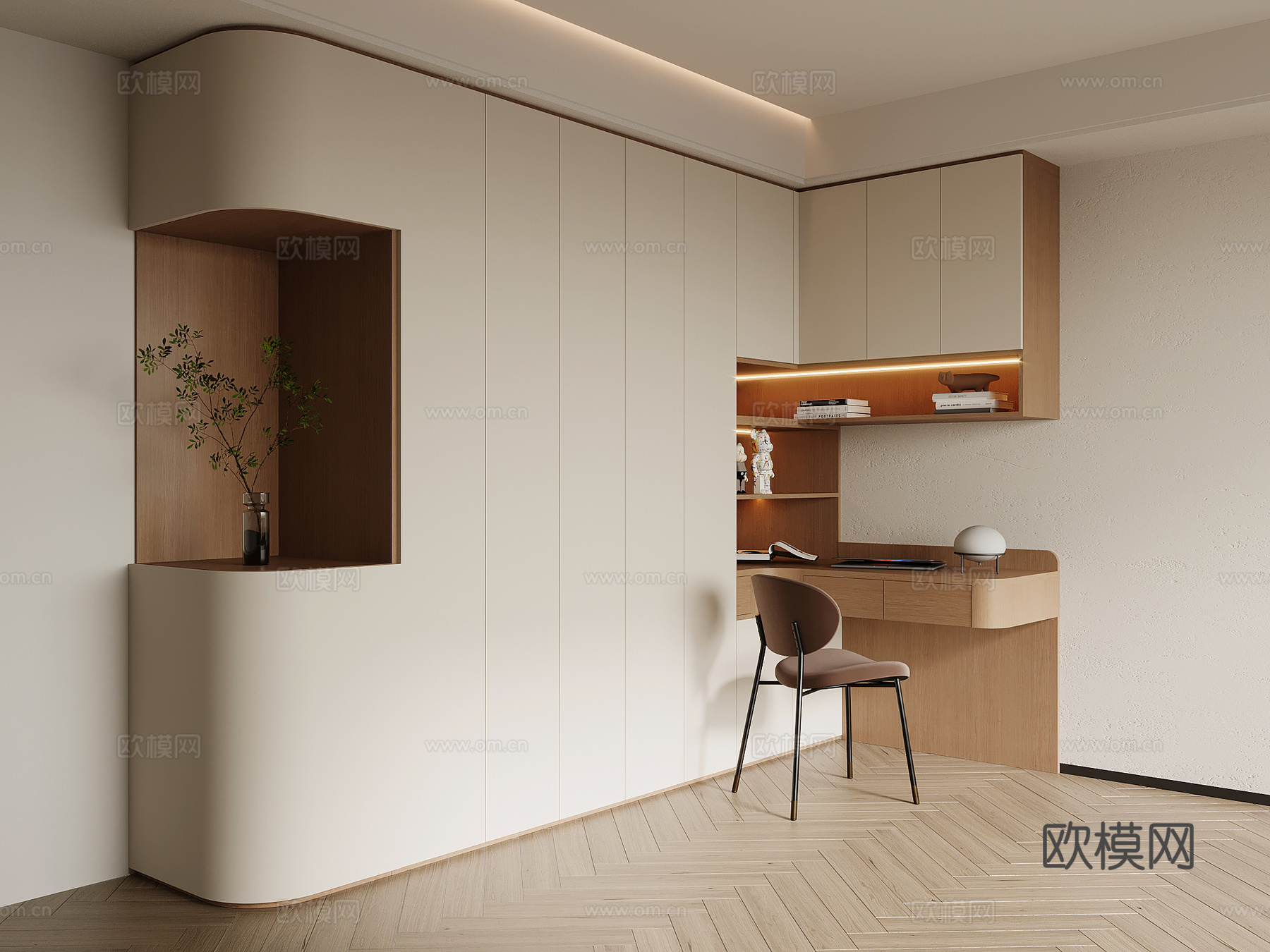 现代简约书柜 书桌一体柜su模型