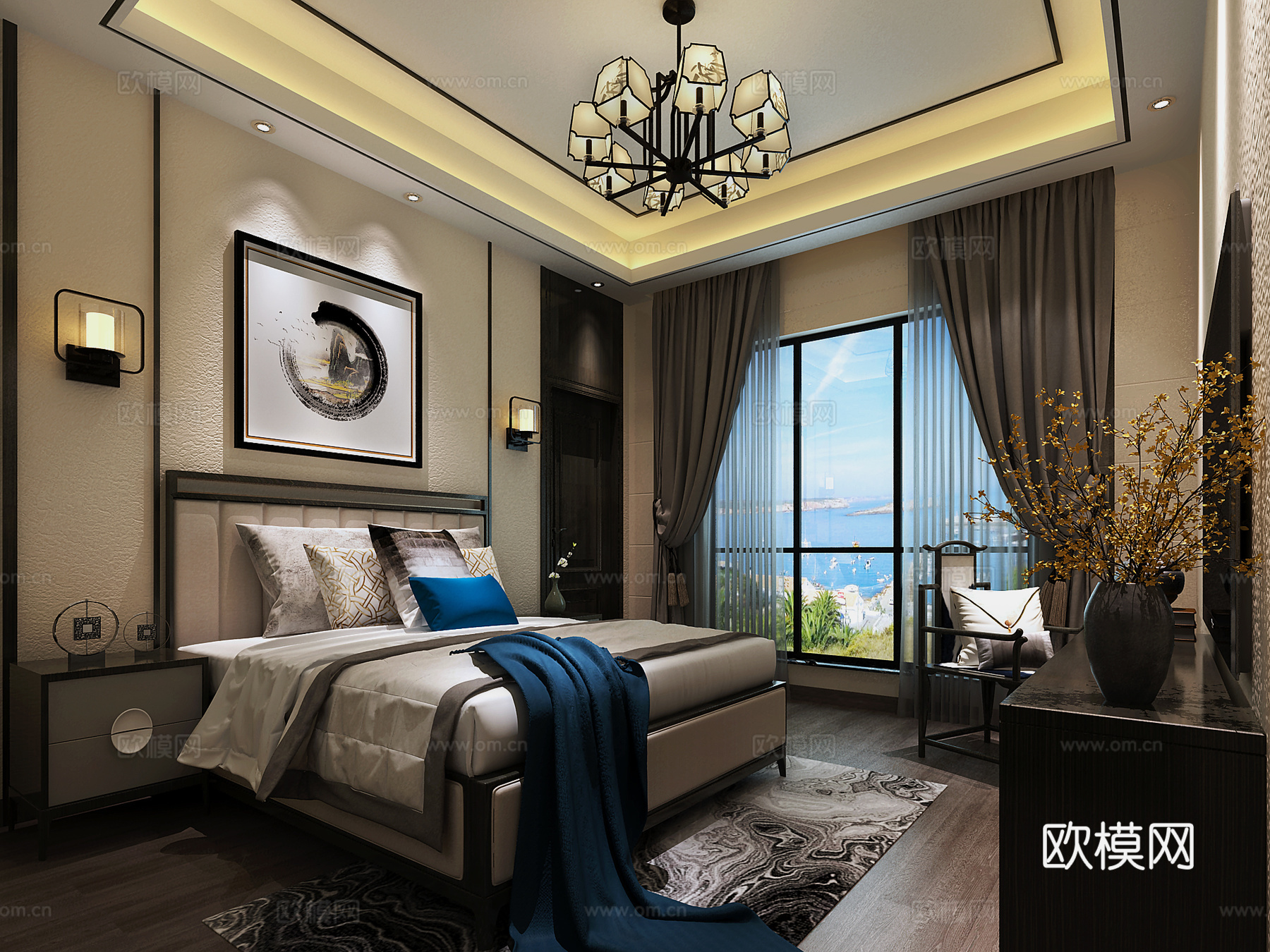 新中式卧室 吊灯 壁灯 双人床 装饰柜 摆件 挂画3d模型下载（渲染图1）