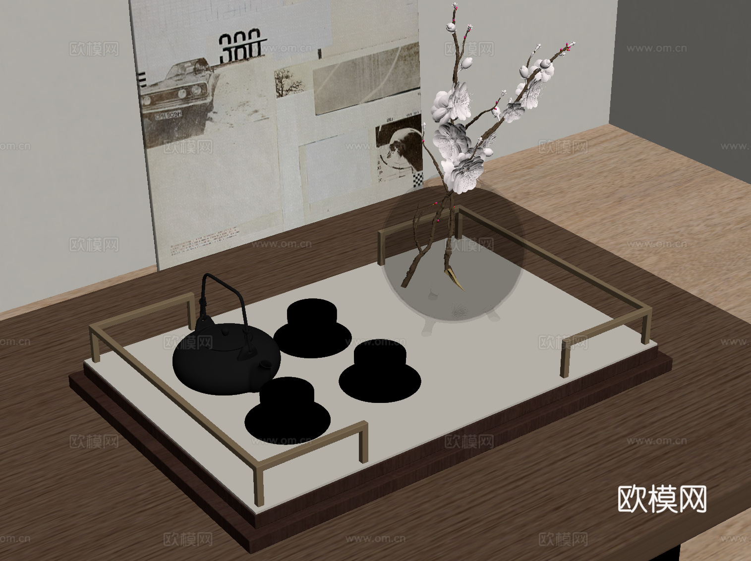 新中式茶具摆件 托盘su模型