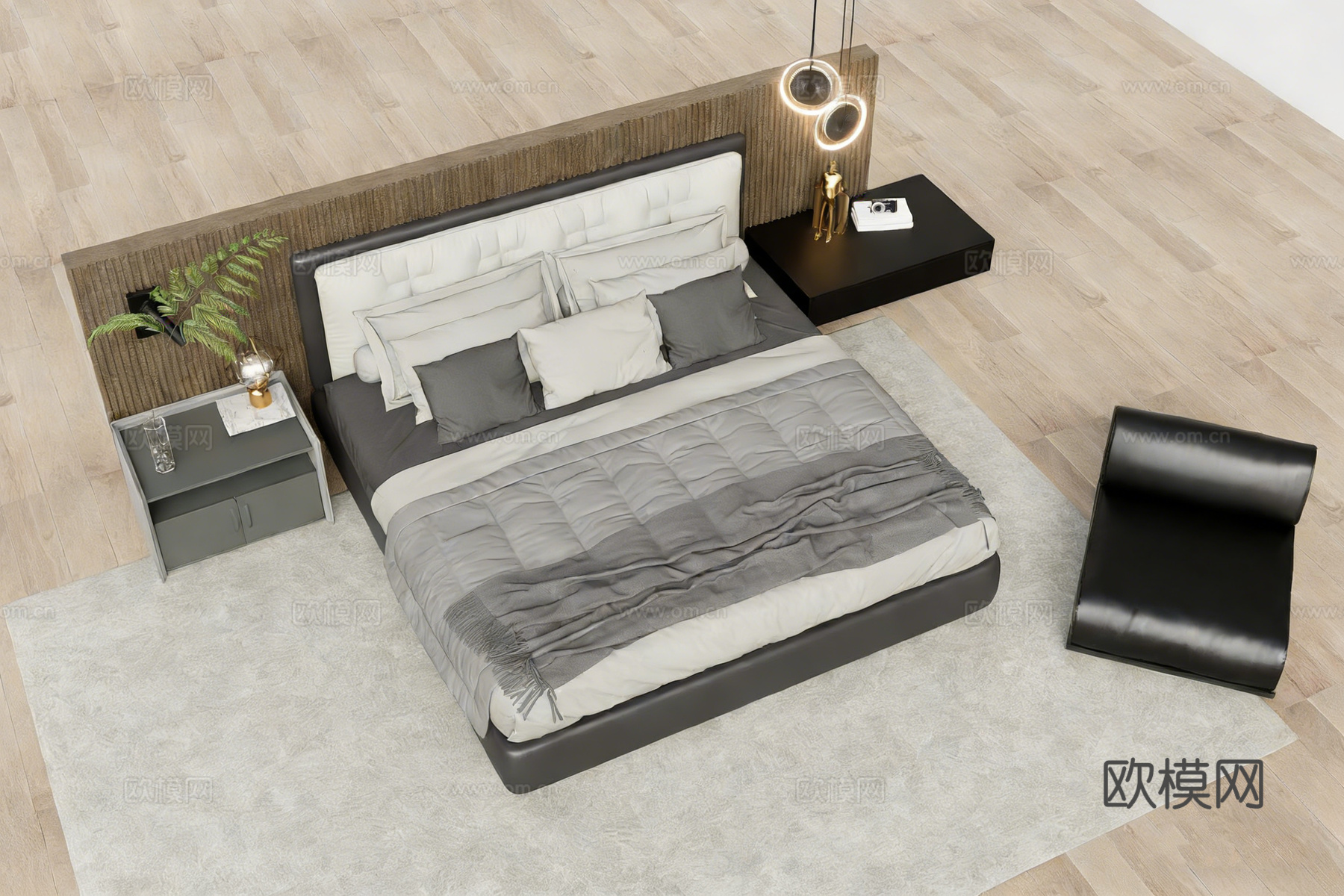现代简约卧室 黑色长书桌 环形吊灯 皮质休闲椅su模型
