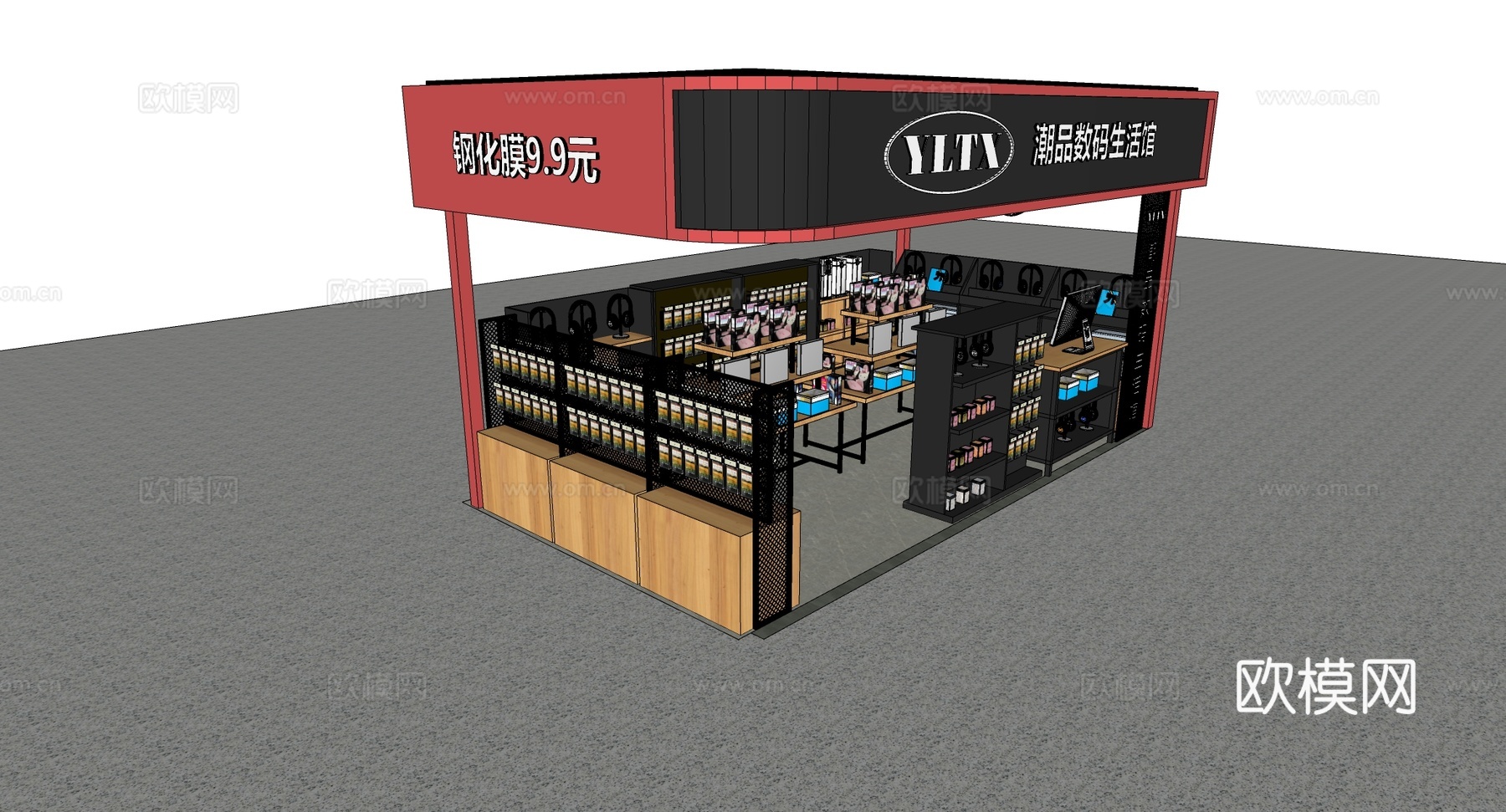 现代数码店 耳机音箱货架陈列 黑色网格架 木质中岛 潮品店设su模型