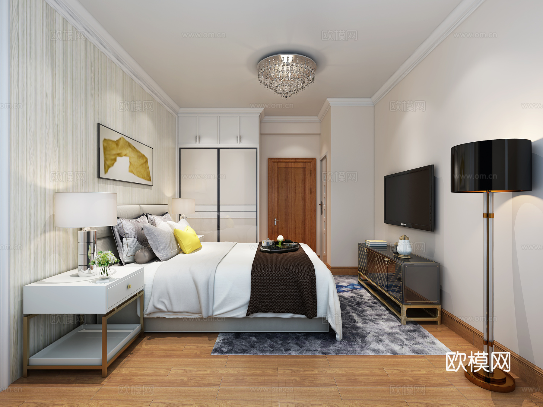 现代主卧室 落地灯 吊灯 台灯 双人床 书桌椅 衣柜 挂画3d模型下载（渲染图1）