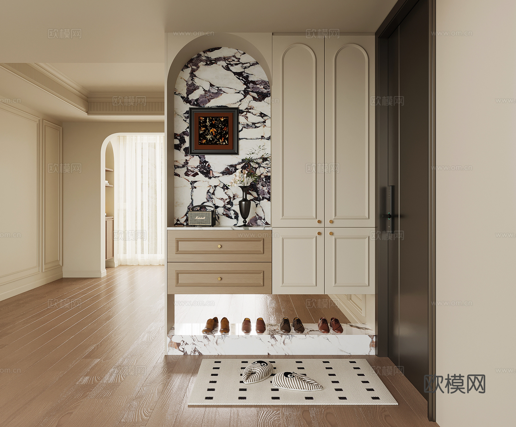 法式奶油风鞋柜 入户鞋柜su模型