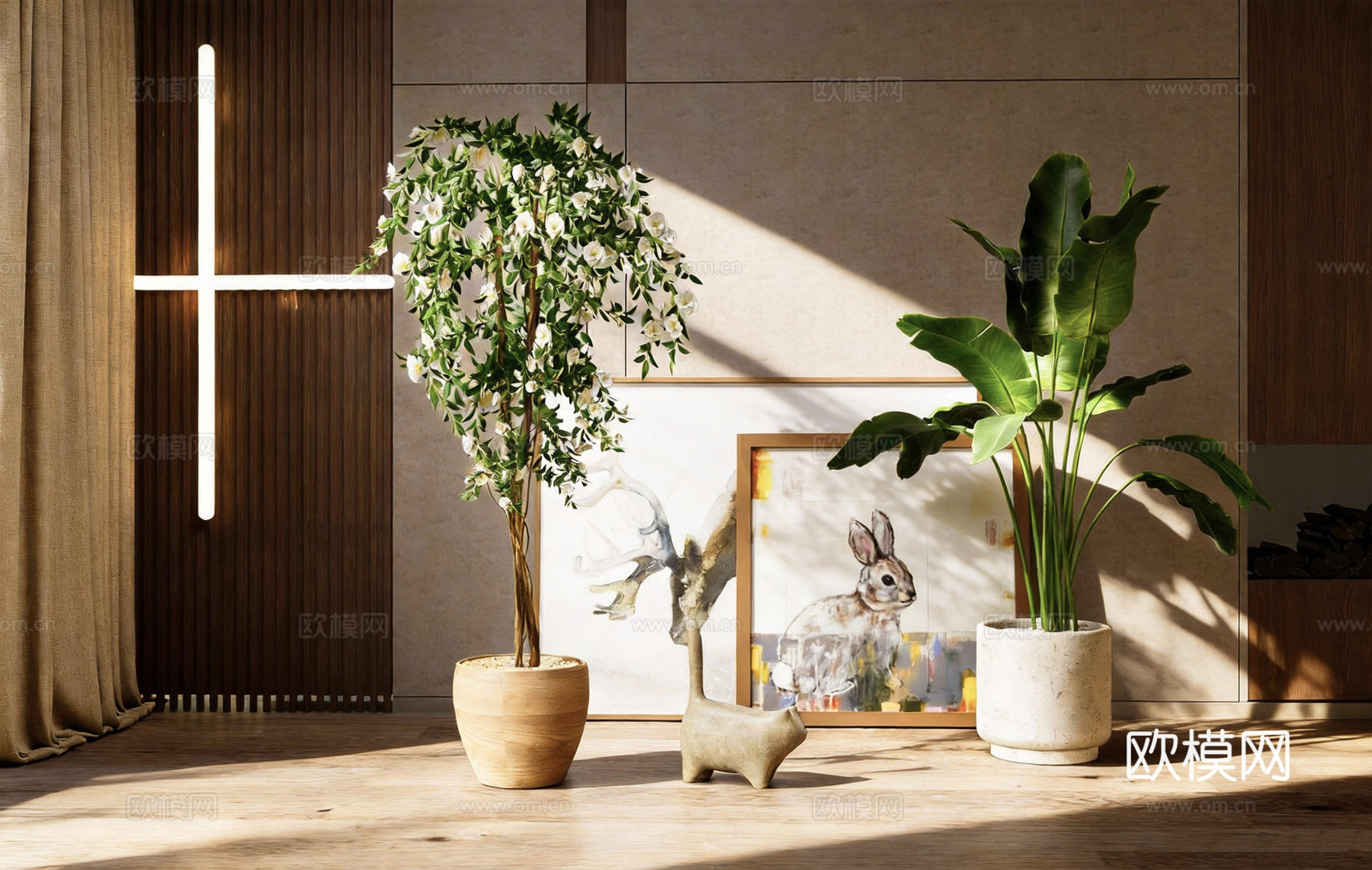 北欧ins风软装场景 琴叶榕龟背竹 动物装饰画 猫咪摆件 窗su模型下载（渲染图1）