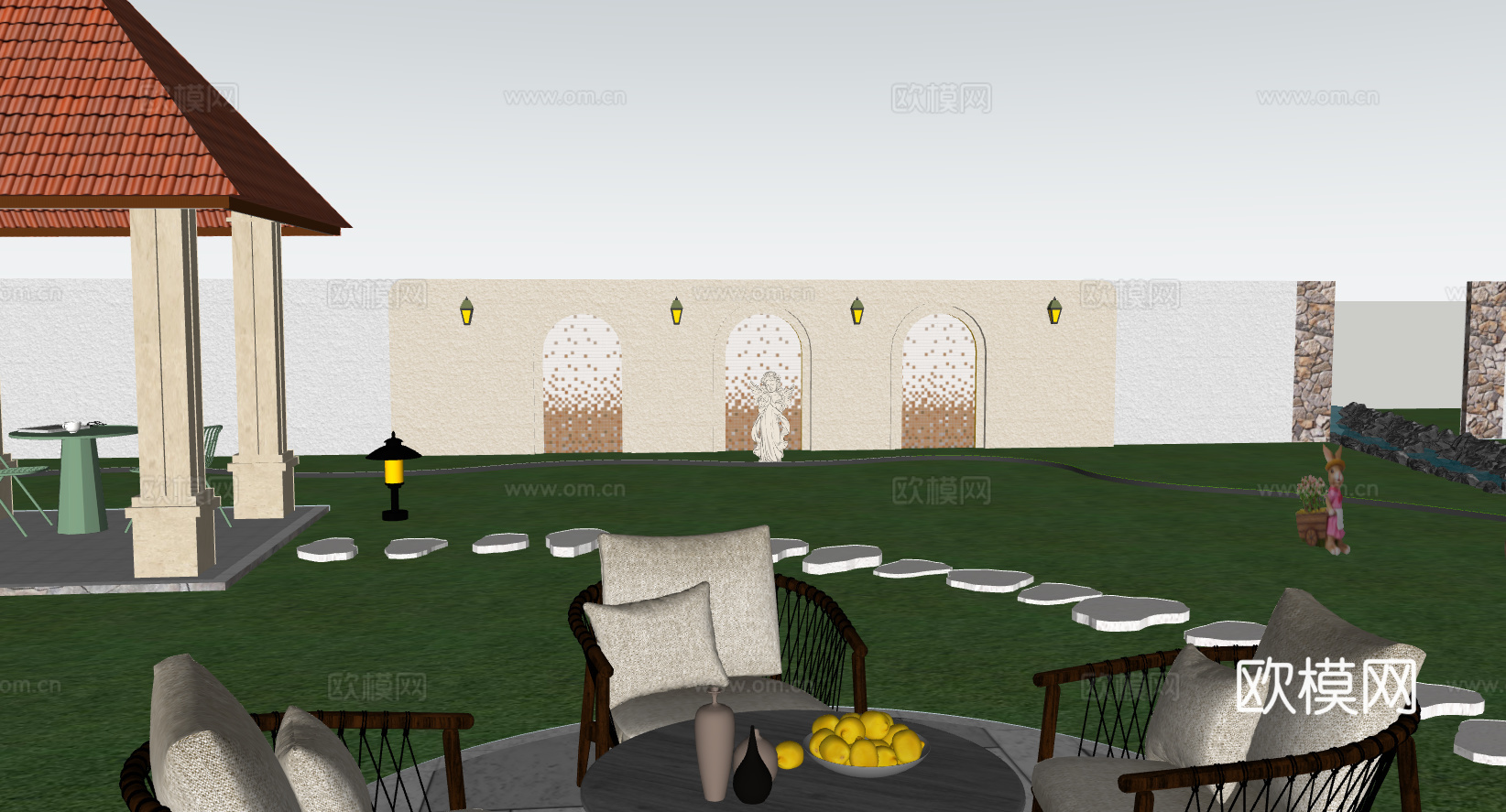 法式庭院（小桥、景墙、座椅，阳光房）su模型下载（渲染图5）