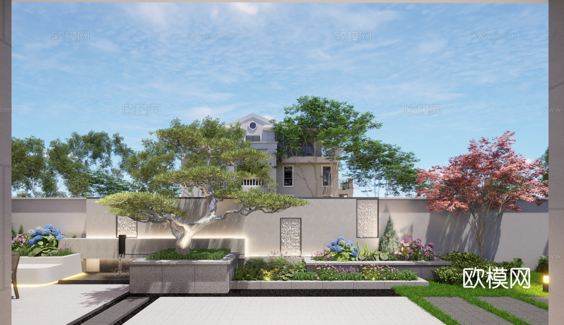 现代庭院（景墙、座椅、休闲平台，停车棚）su模型