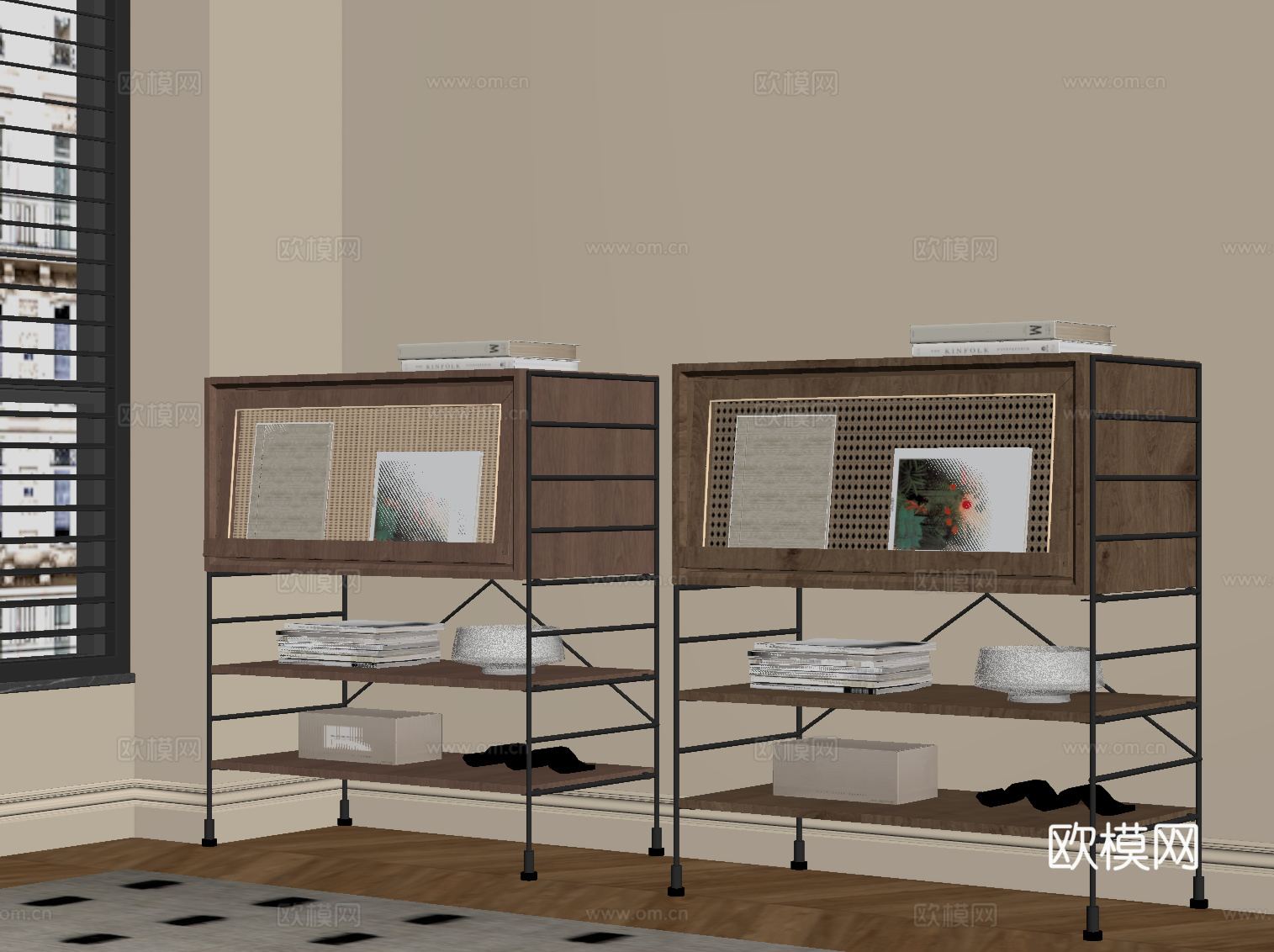 现代中古风斗柜 储物柜 边柜su模型下载（渲染图2）